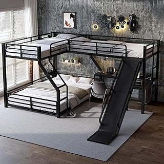 L-Shaped Twin XL Over Queen Bunk Bed with Twin Size Loft Bed, Metal Triple Bunk Bed with Slide and USB Ports, Space-Saving,Designed for Kids Boys Girls