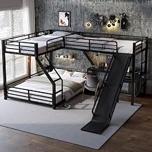 L-Shaped Twin XL Over Queen Bunk Bed with Twin Size Loft Bed, Metal Triple Bunk Bed with Slide and USB Ports, Space-Saving and Noise-Free Design, Black