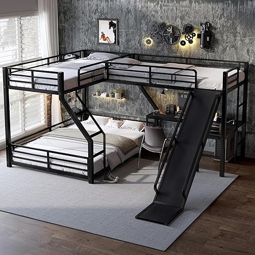Twin XL Over Queen Bunk Bed Frame with Twin Size Loft Beds, Heavy Duty Triple Bunk Bed with Slide, Charging Station(USB Ports & Outlets), Metal Triple Bunk Beds with L-Shaped Desk