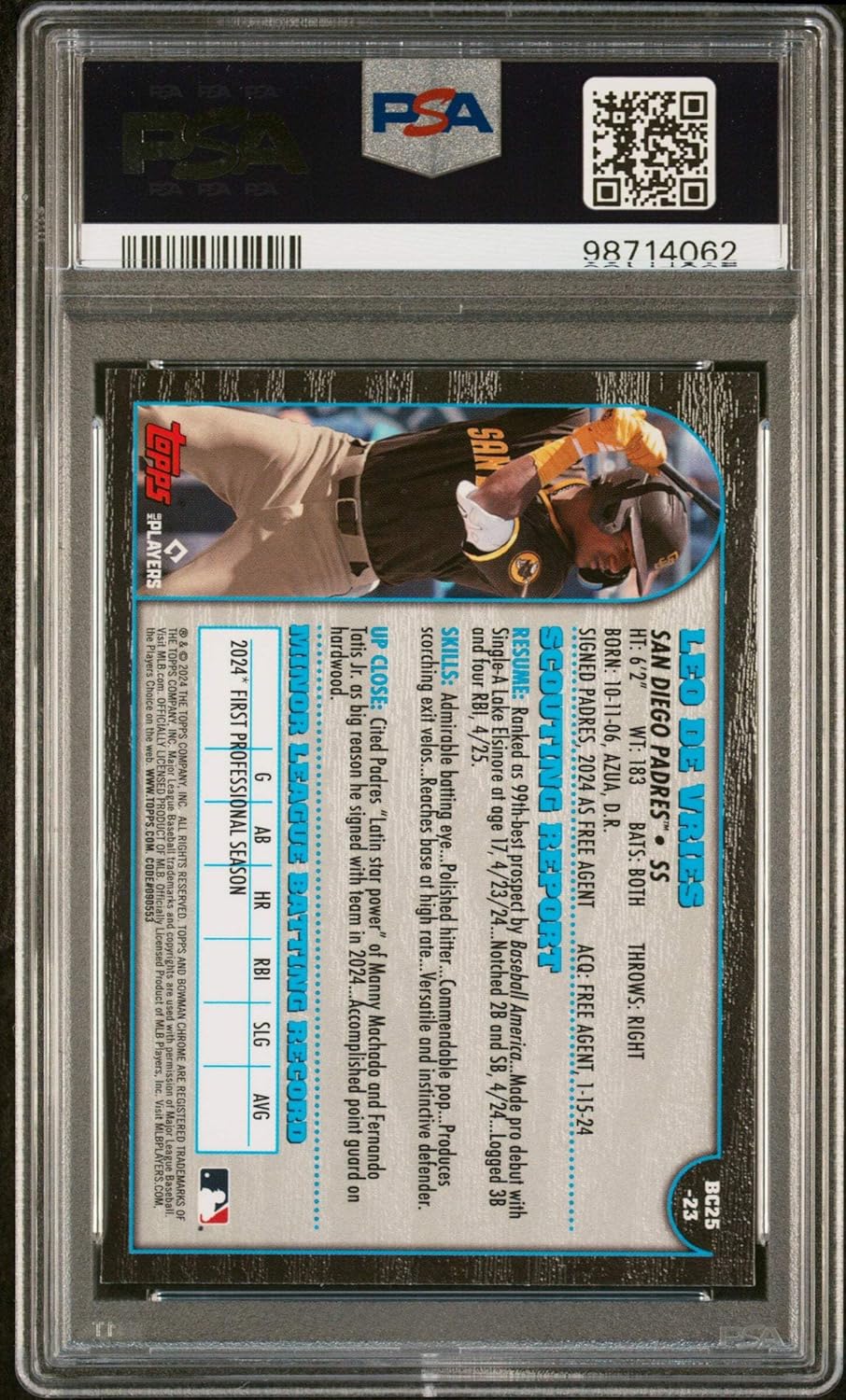 Graded 2024 Topps Bowman Chrome Leo De Vries #23 1999 25th Anniversary Rookie RC Baseball Card PSA 10 Gem Mint