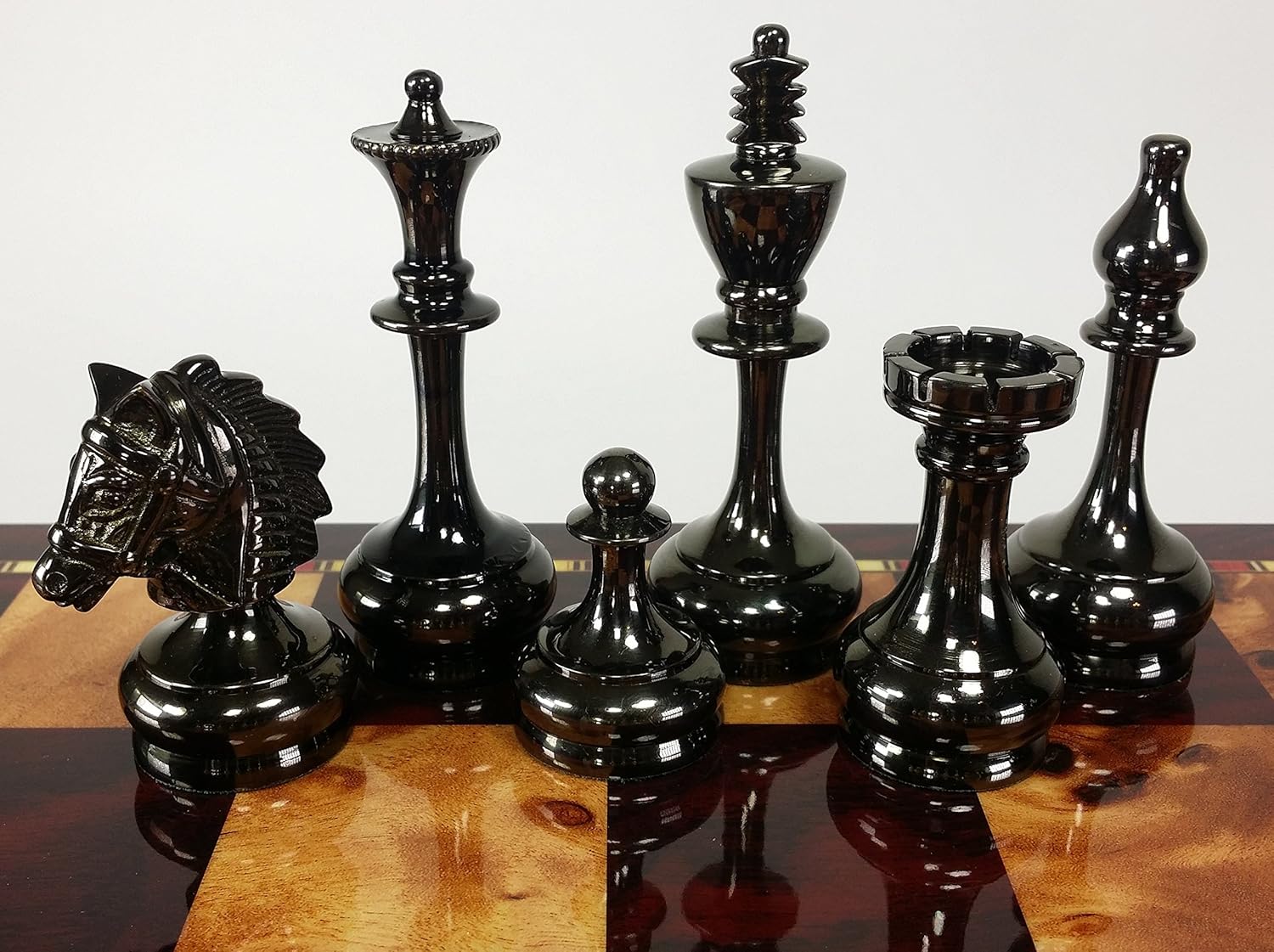 HPL Real Brass Metal Staunton Bridled Knight Chess Set Gold and Black Chrome with Cherry Color Board