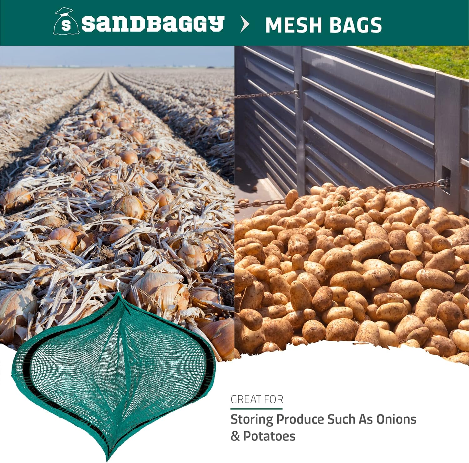 Sandbaggy Mesh Onion Produce Bags | XXL 24" x 35 Inch Bags | 50 lb Capacity | Breathable Fabric | Great for Packaging Produce & Fruit (Pack of 10)