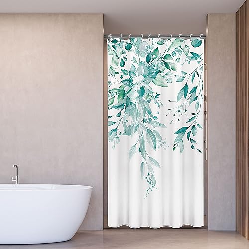 Vista 311 de Tititex - Juego de cortinas de ducha de eucalipto verde oliva, hojas de acuarela en la parte superior con decoración floral de baño, 60 x 72 Hojas
