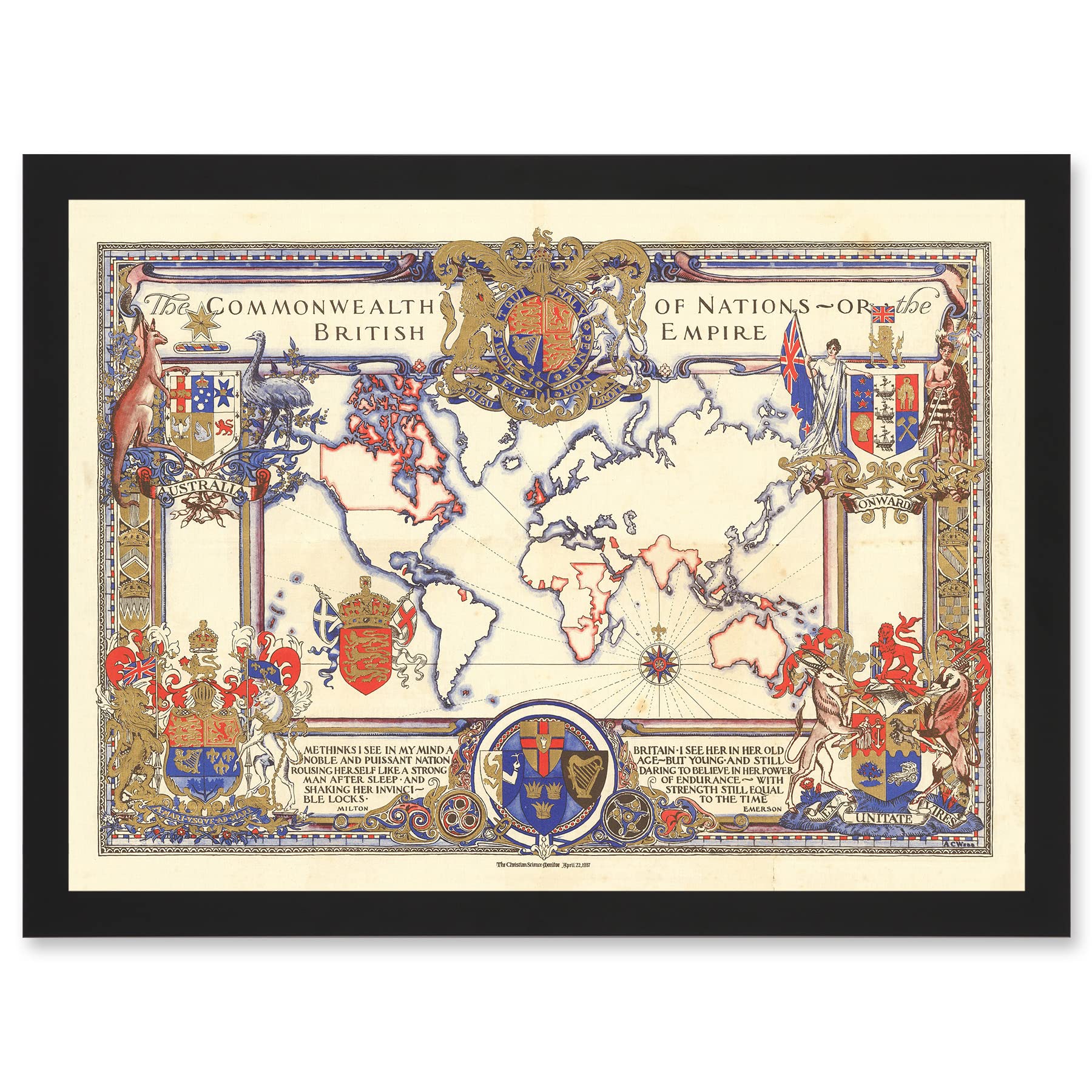 Artery8 Map Webb 1937 British Empire Commonwealth Pictorial Artwork Framed Wall Art Print A4