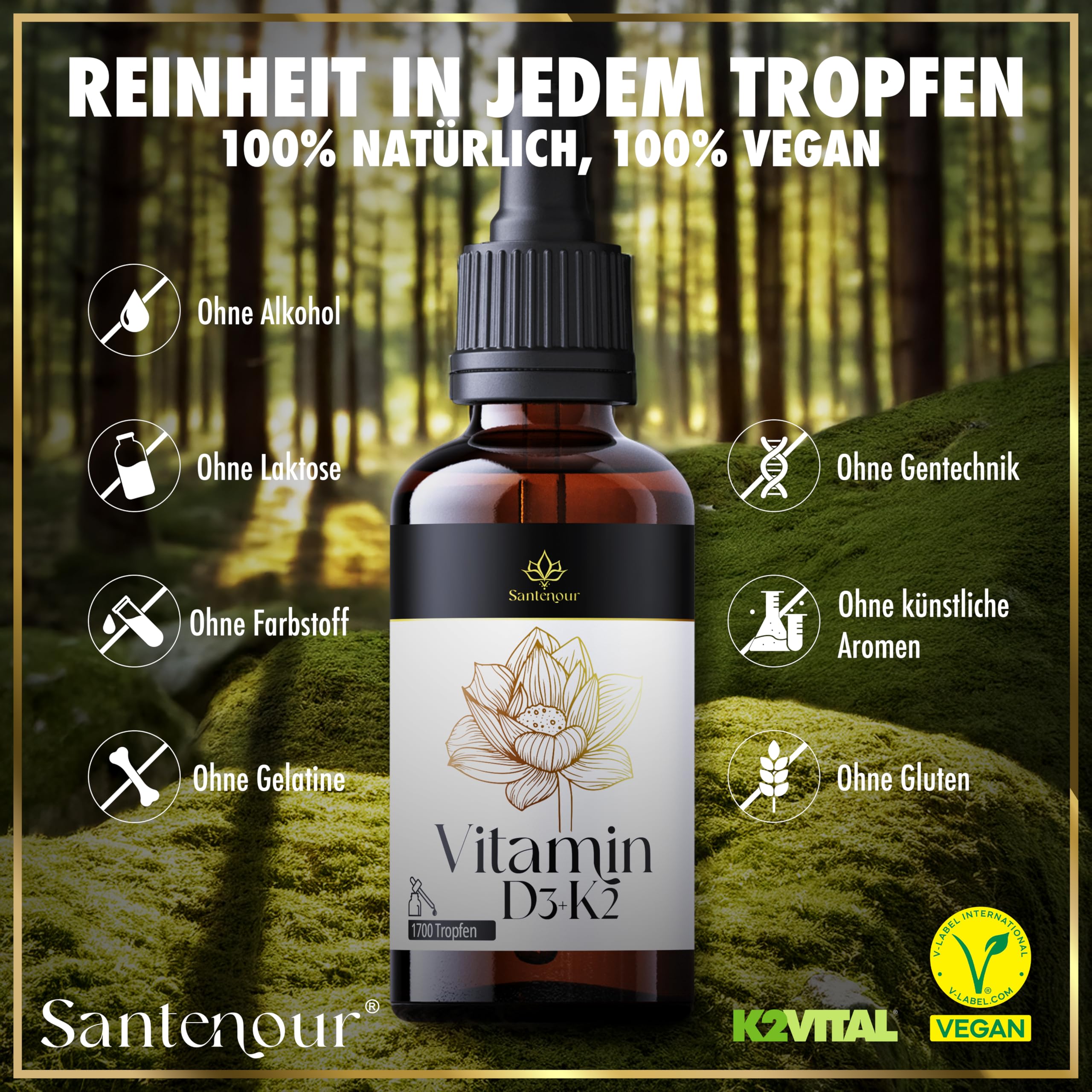 Vitamin D3 + K2 Tropfen - 50ml - 25 µg Vitamin D3 & 20 µg Vitamin K2 pro Tagesdosis - hoch bioverfügbar mit Kokosöl - vegan, alkoholfrei, ohne Gluten, Laktose, Gelatine