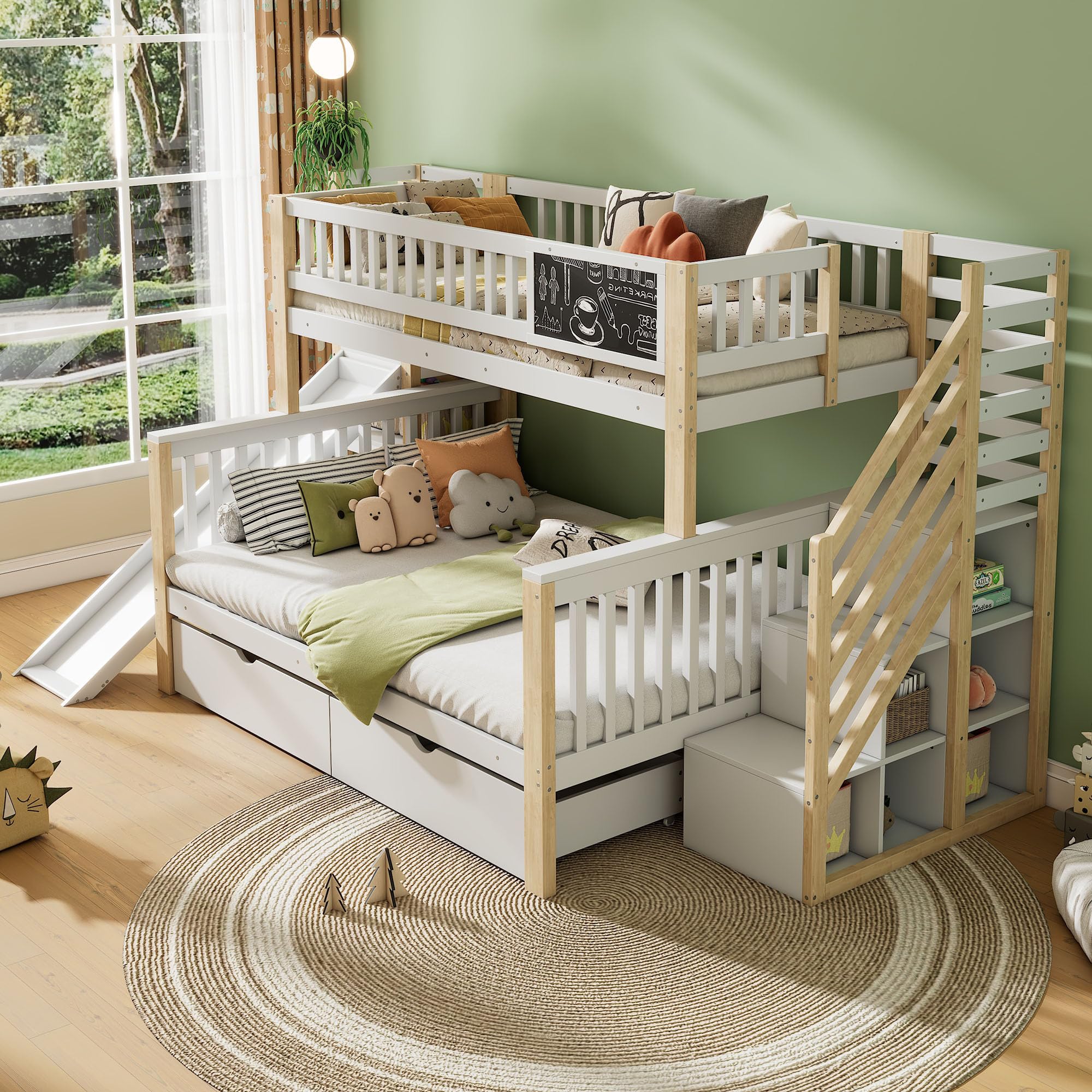 Etagenbett für 3 Kinder, Kinderbett mit Rutsche und Treppe, mit 2 Schubladen und 4 Aufbewahrungsschranken, 90x200cm+140x200cm, Funktionsbett Stockbett Jugendbett, Weiß+Natur, ohne Matratze