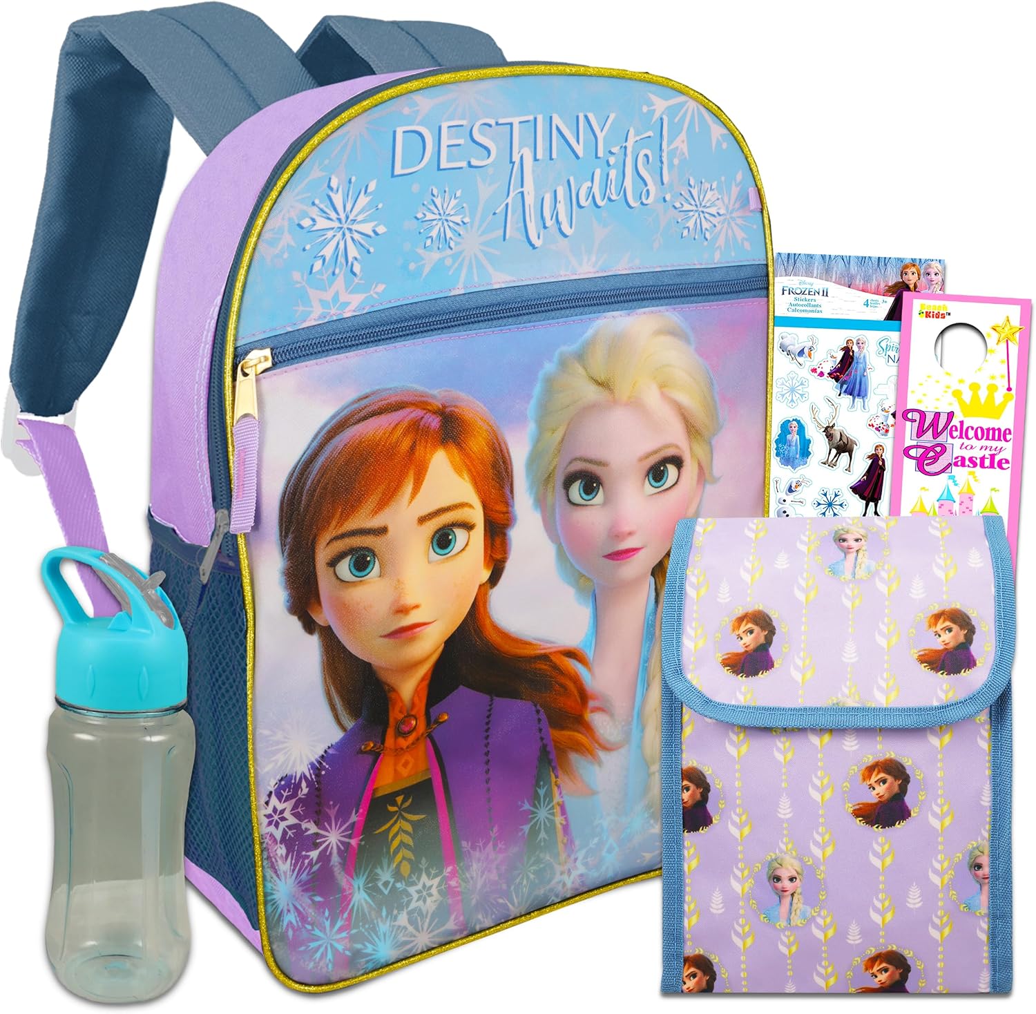 Disney Frozen 2 Backpack Set for Girls ~ 6 Pc Bundle With Deluxe 16" Frozen Backpack Lunch Bag, Water Bottle, Stickers and More (Frozen School Supplies)