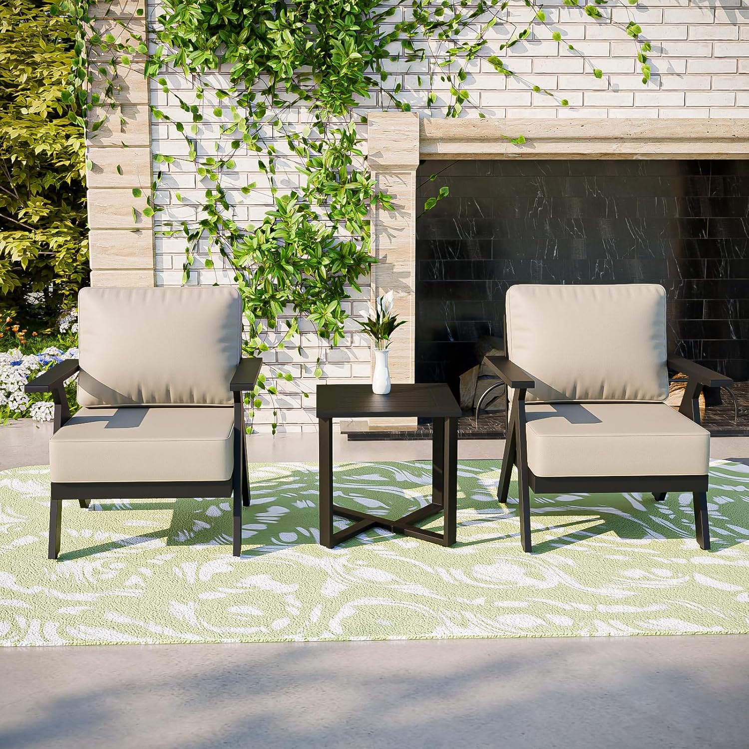 COOS BAY Iron Luxe 3 Piece Outdoor Bistro Set with Patio Chairs and Side Table, Modern Patio Furniture for Balcony Deck Garden, Black/Beige