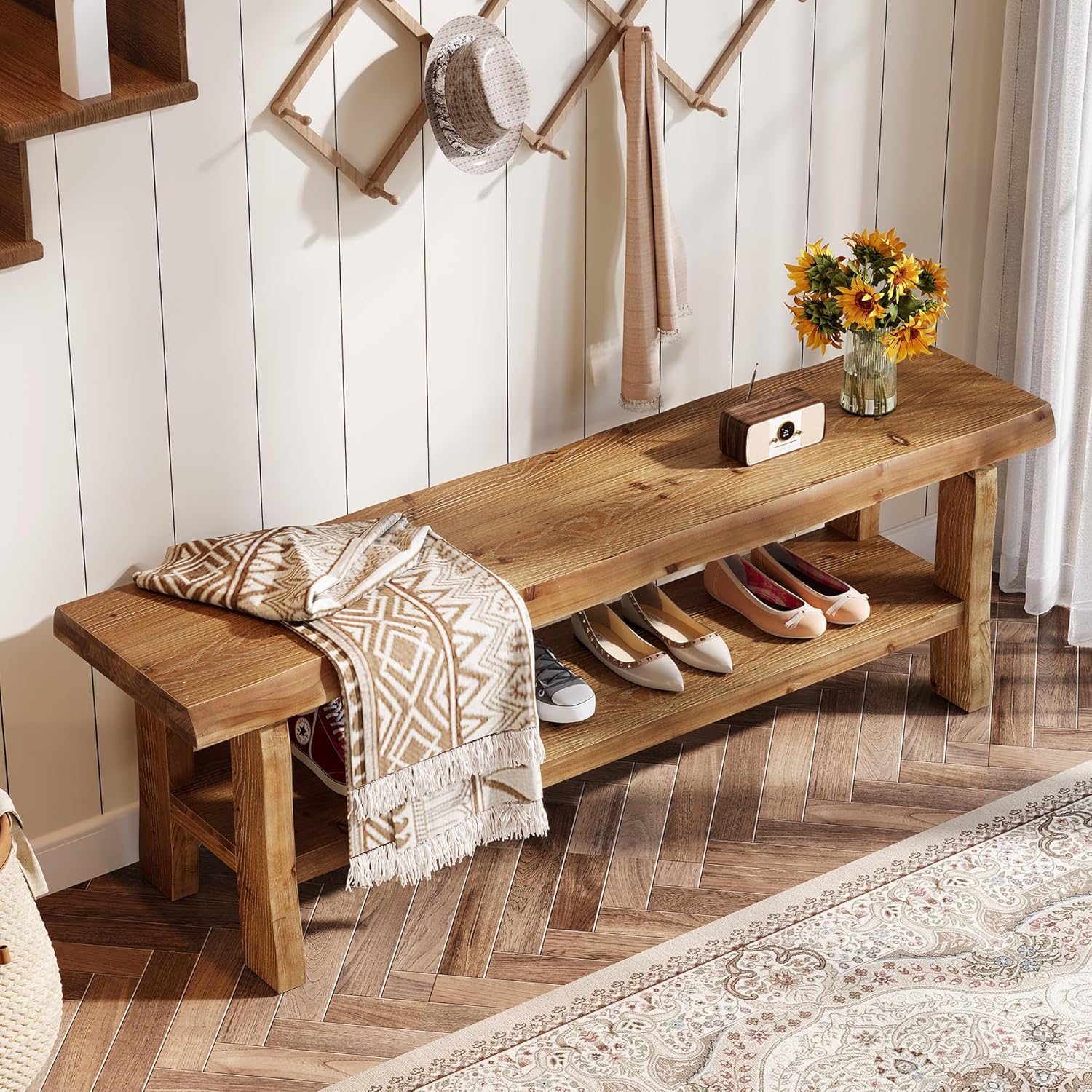 Solid Wood Shoe Storage Bench, 55-Inch Entryway Bench with Lower Shelf, Farmhouse End of Bed Stool or Bedroom, Living Room, Hallway, Mudroom