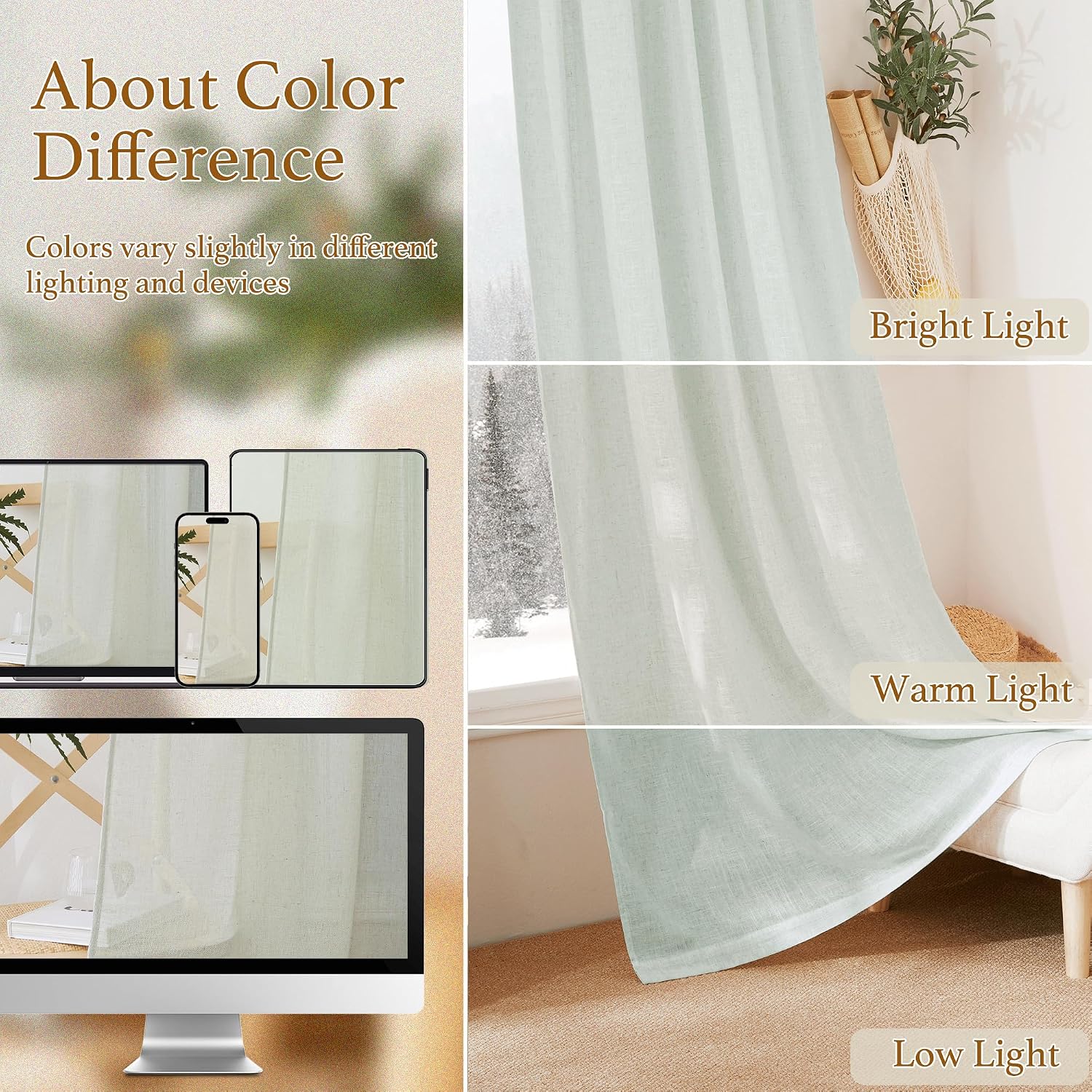 RYB HOME Linen Semi Sheer Curtains for Living Room, Light Filtering Half Privacy Window Curtains & Drapes for Bedroom， 2 Panels， Sage Green， 52" W x 72" L