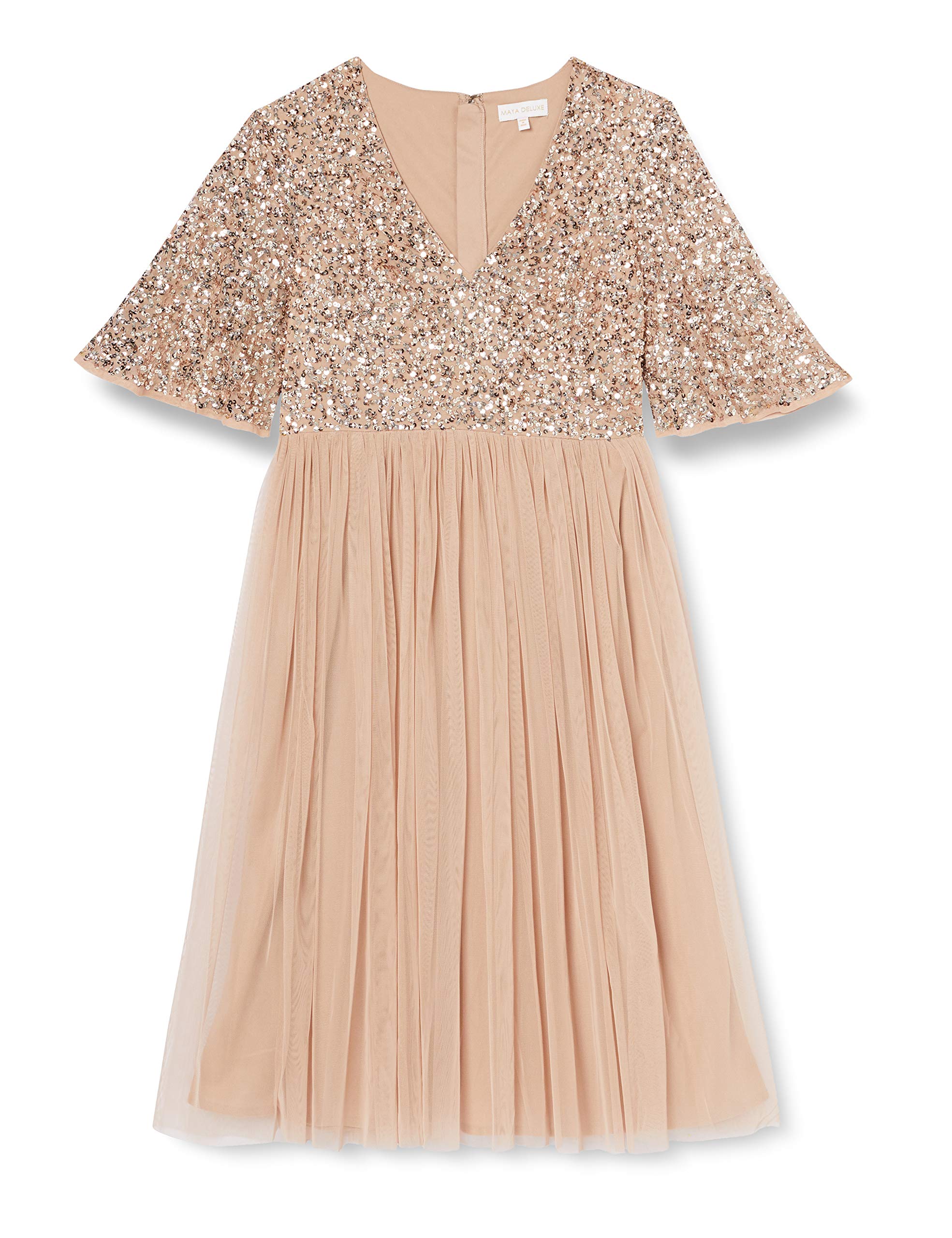 Maya DeluxeWomen's Ladies Dress for Wedding Guest V Neck Flutter Short Sleeve Sequin Embellishment Prom Bridesmaid