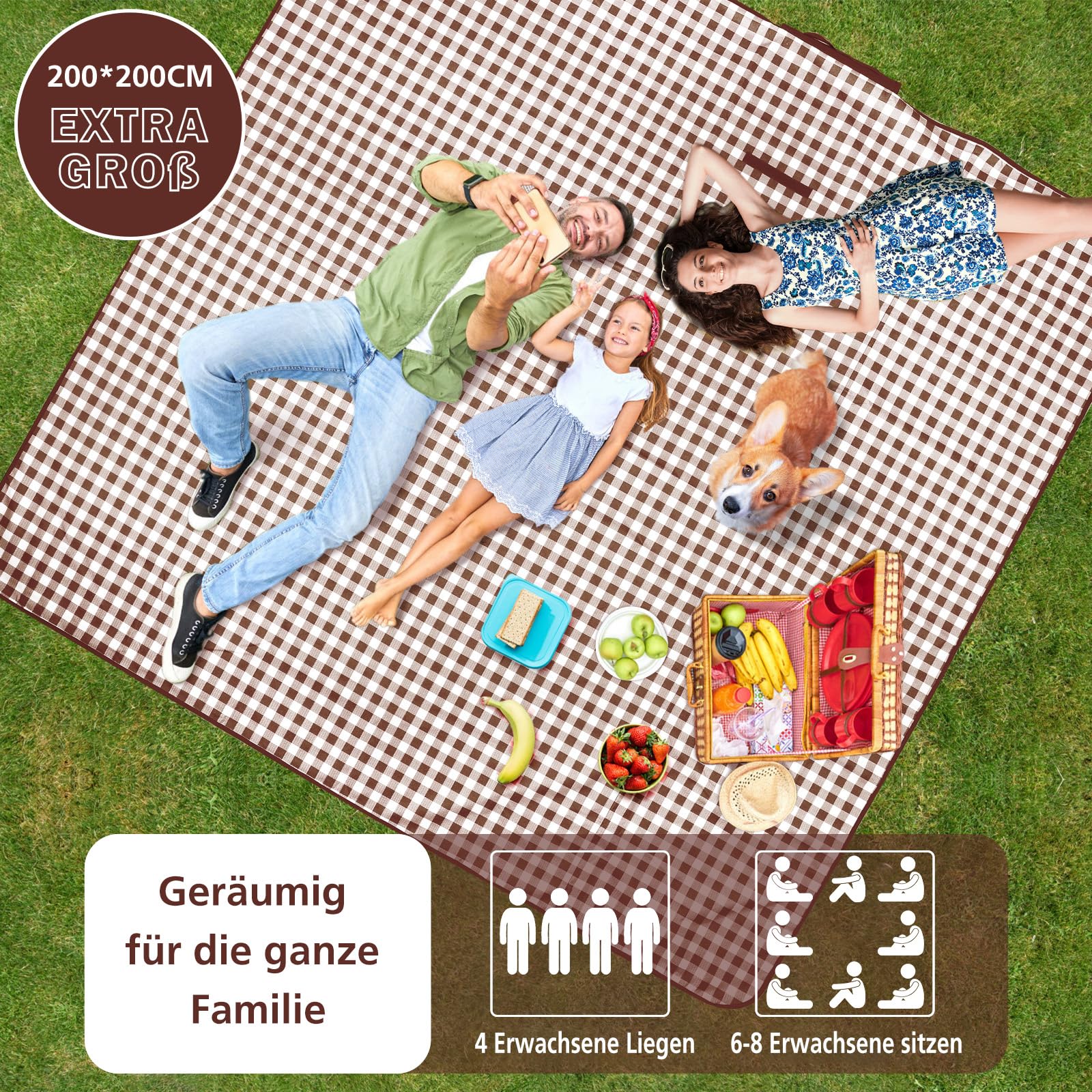 Coperta da picnic impermeabile, 200 x 200 cm, grande, da viaggio, coperta da spiaggia, antiscivolo, con maniglia per il trasporto, per picnic, spiaggia, campeggio, marrone (marrone, 200 x 200