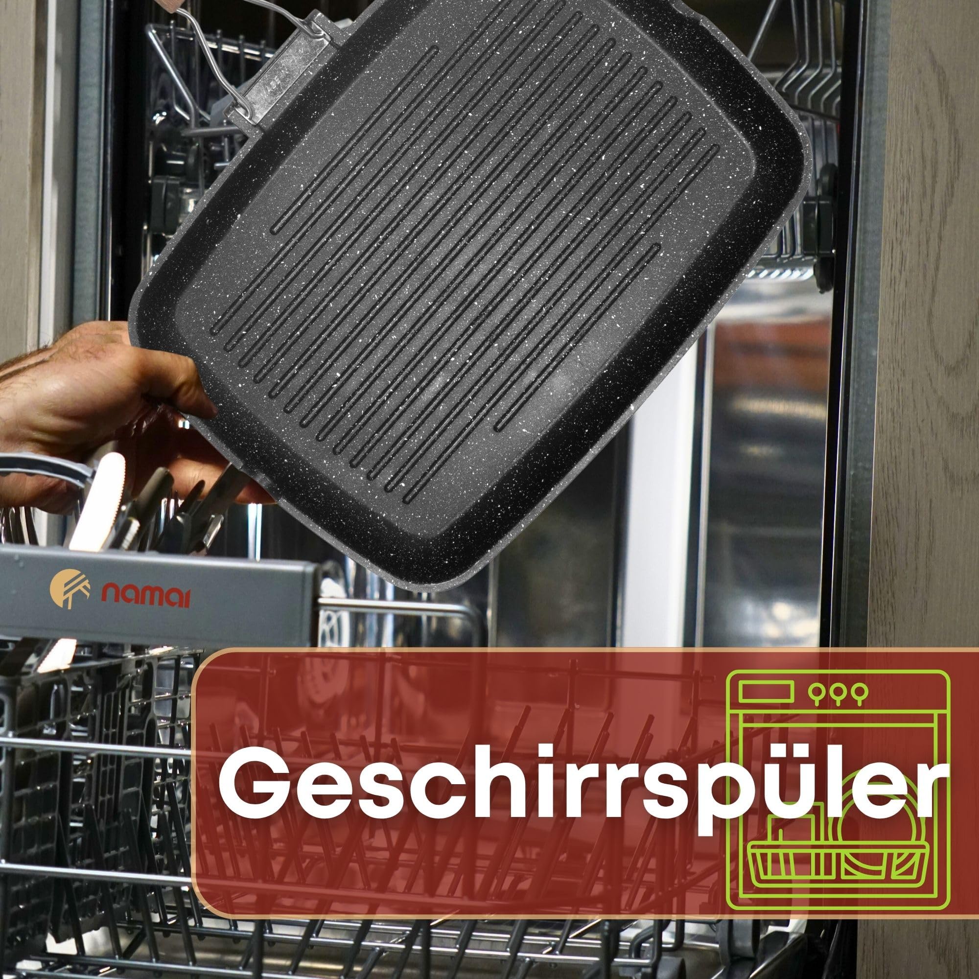 NAMAI - Grill Pan - Non Stick Pan - 36CM x 24CM (no Induktion)- Spülmaschinenfest - Aluminium Druckguss - Grillpfannen für Gasgrill - Pan Grill - Grill Pfannen - Grillpfannen - Made in Italy