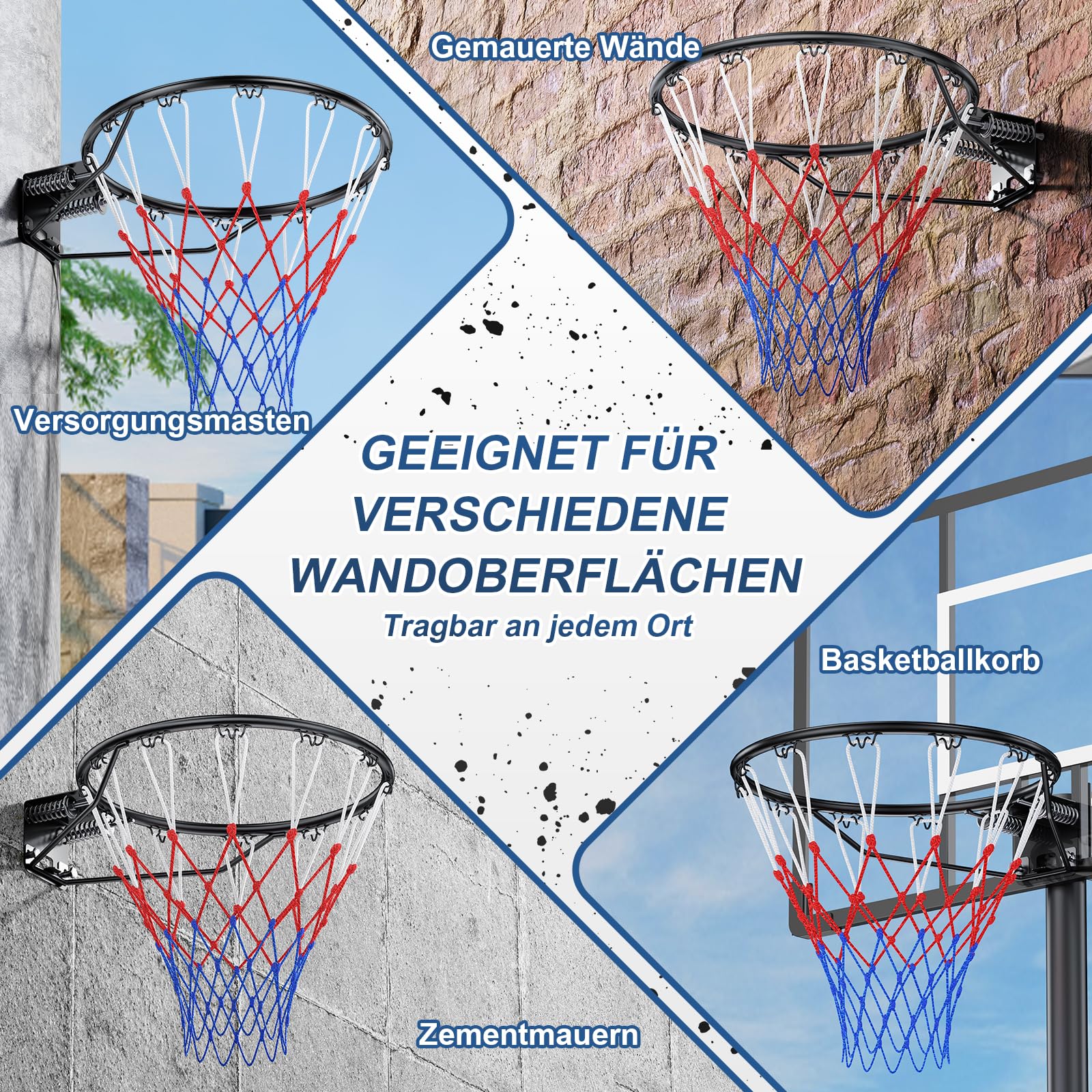 Arijam Massiver Basketballkorb Ø46 cm Ersatz Wand montiert Outdoor-Basketballkorb Heavy Duty Stahl Doppelter Feder-Rahmen Allwetter-Netz