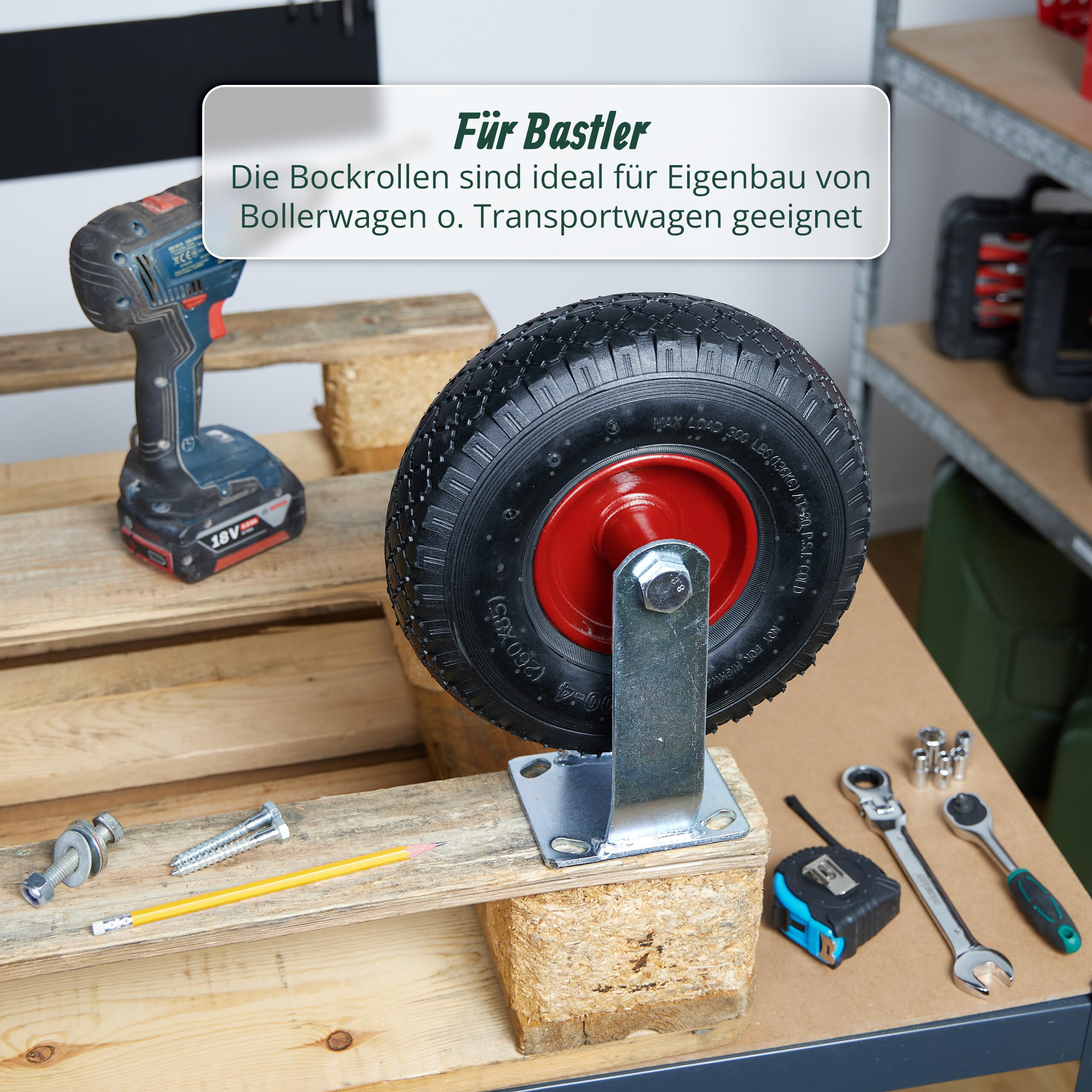 Relaxdays Bockrollen 2er Set, luftbereift 3.00-4, Schwerlastrad, Transportrolle mit Stahlplatte, bis 120 kg, schwarz/rot