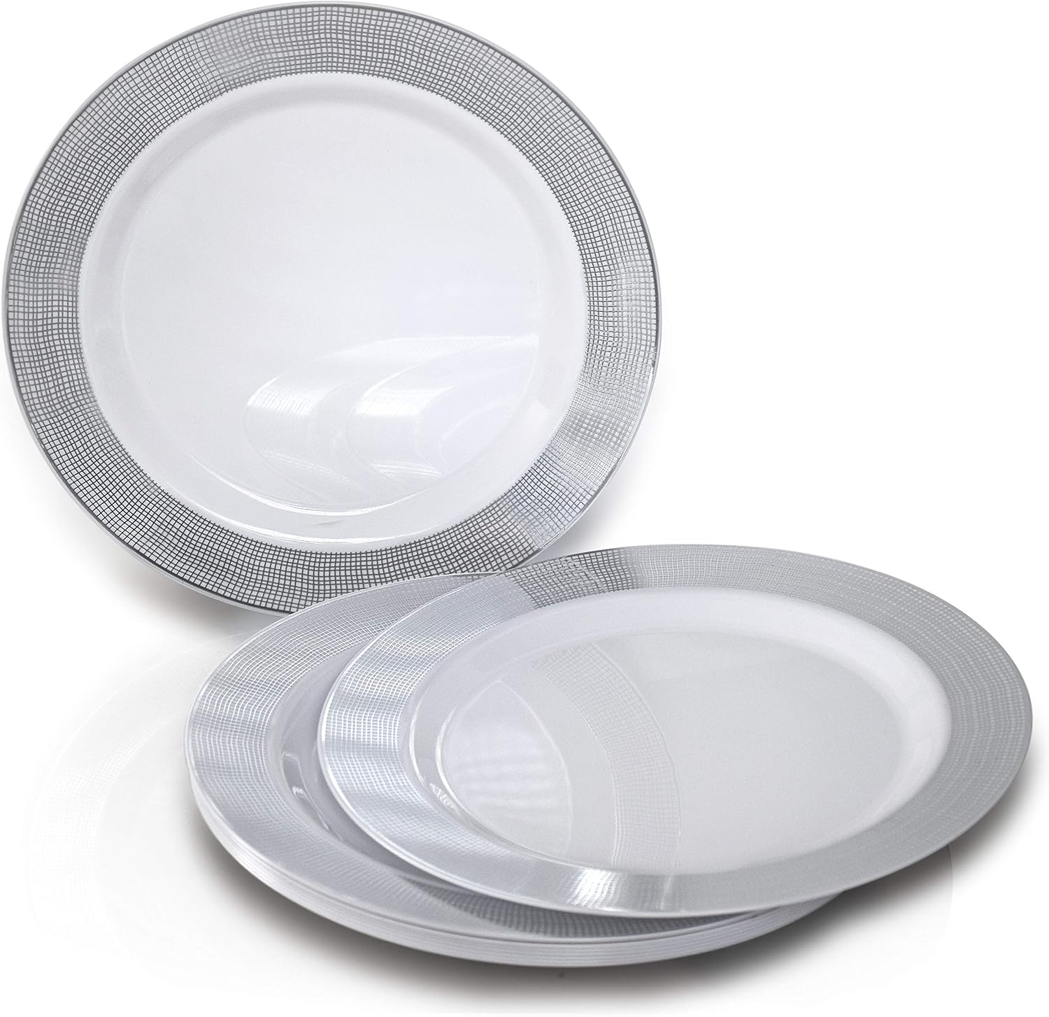 70% Off Discount OCCASIONS 50 Plates Pack (25 Guests)-Heavyweight Wedding Party Disposable Plastic Plate Set -25 x 10.5'' Dinner + 25 x 7.5'' Salad/Dessert plates (Linen White & Silver)