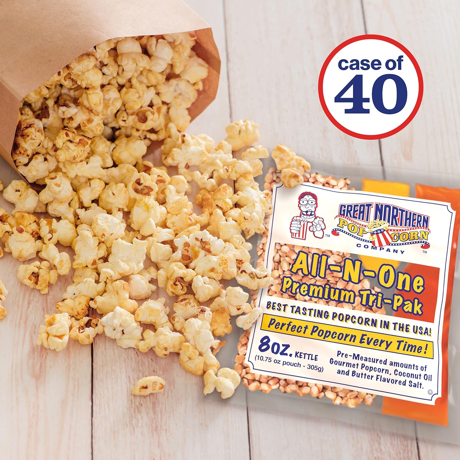 8 oz Popcorn Packs – Pre-Measured, Movie Theater Style, All-in-One Kernel, Salt, Oil Packets for Popcorn Machines by Great Northern Popcorn (40 Case)