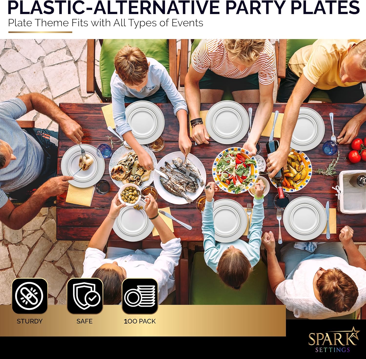 Plastic Plates for Party, 100 Pack Disposable Dinnerware, Silver Rimmed White Plates - 50 Dessert & 50 Dinner Plates, Sturdy, Durable, BPA-Free