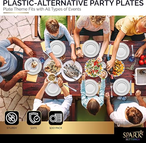 Miniatura 6 de SparkSettings Platos de plástico plateado para fiesta paquete de 100 platos de plástico desechables para boda 50 elegantes platos de cena de 1025