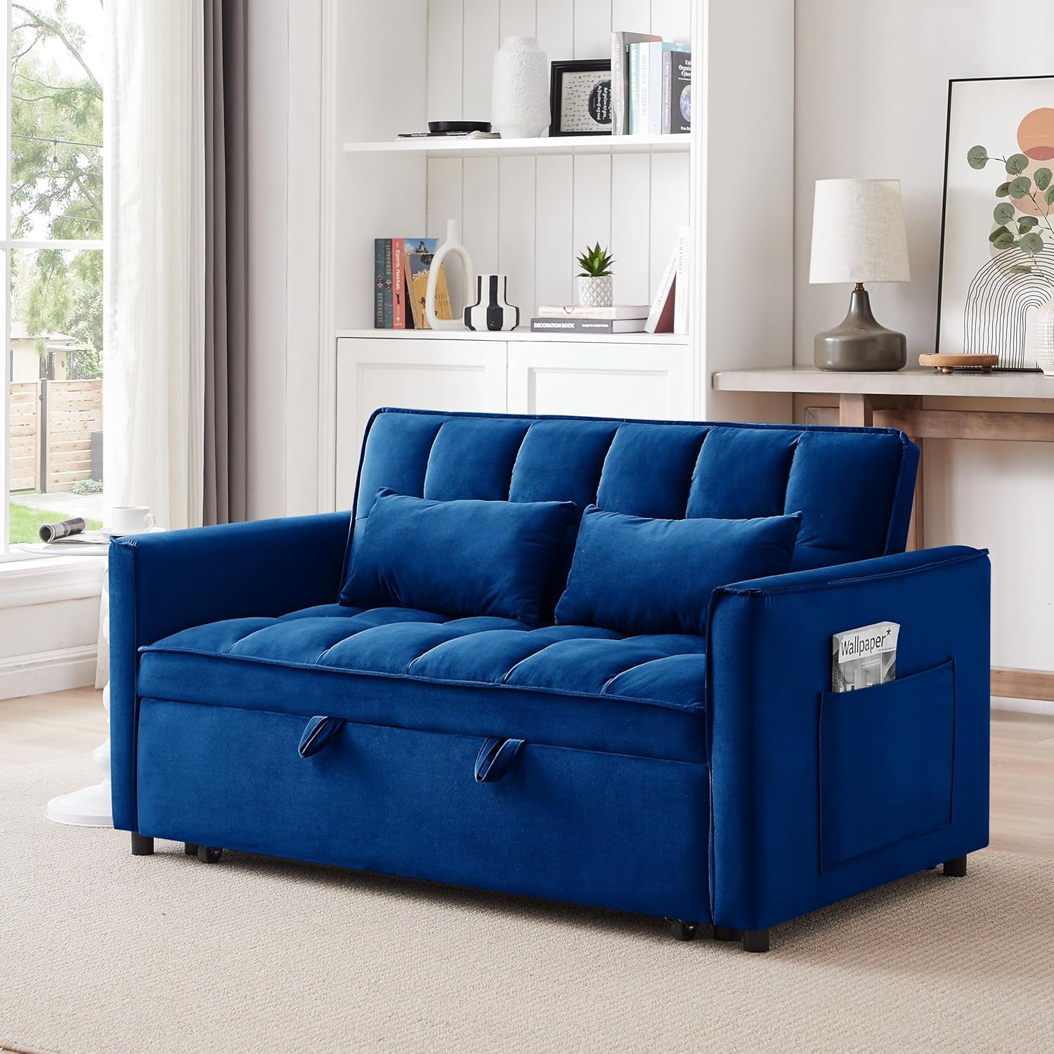 Futon Sofa Bed with Adjustable Backrest and Side Table, Converts to Chair, Recliner or Guest Bed, Velvet Upholstery (Blue)