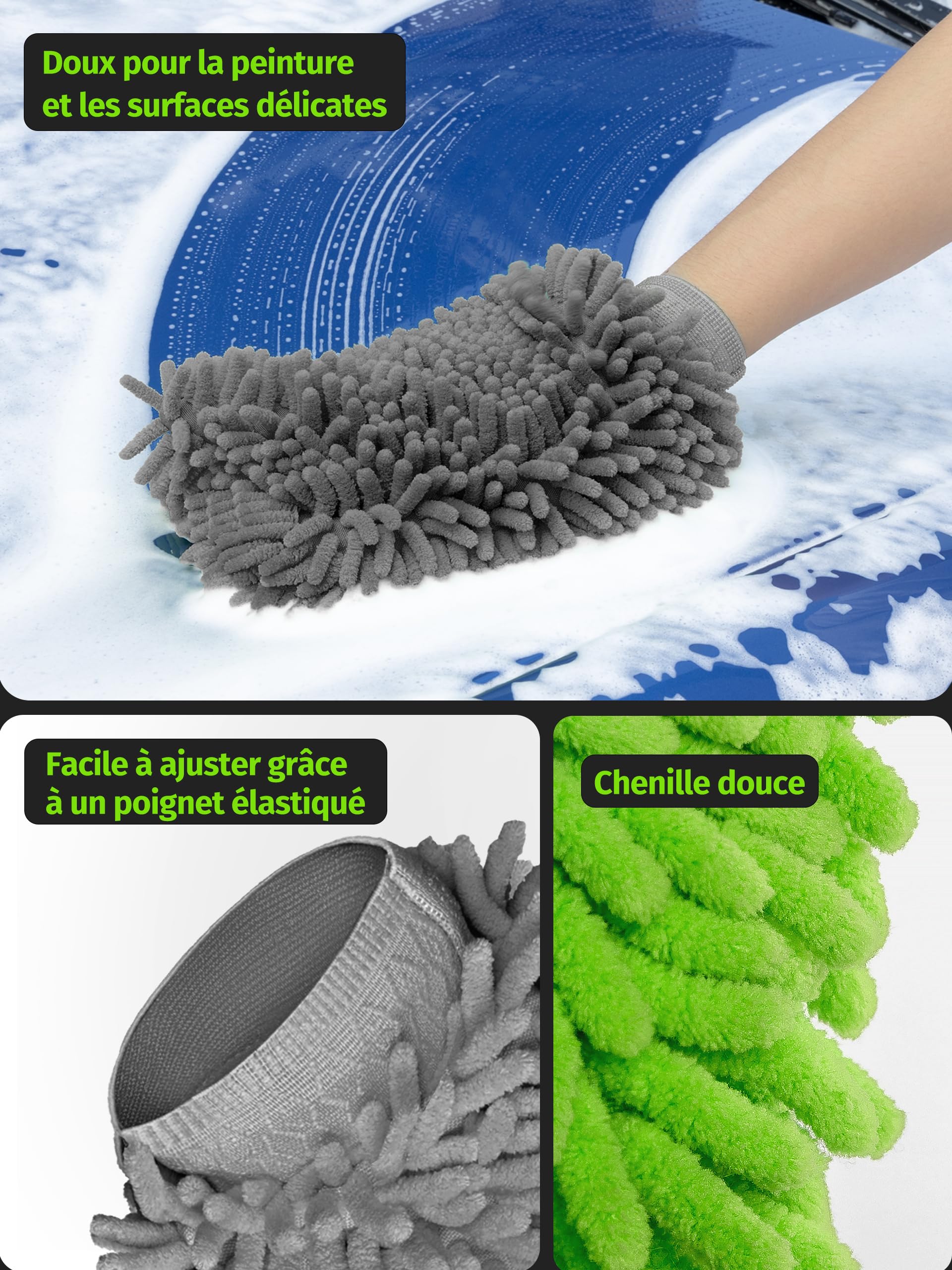 MR.SIGA Gant de Lavage en Microfibre de Chenille Souple Surchoix | Gant Microfibre pour Nettoyage de la Voiture, Lot de 2, Gris et Vert