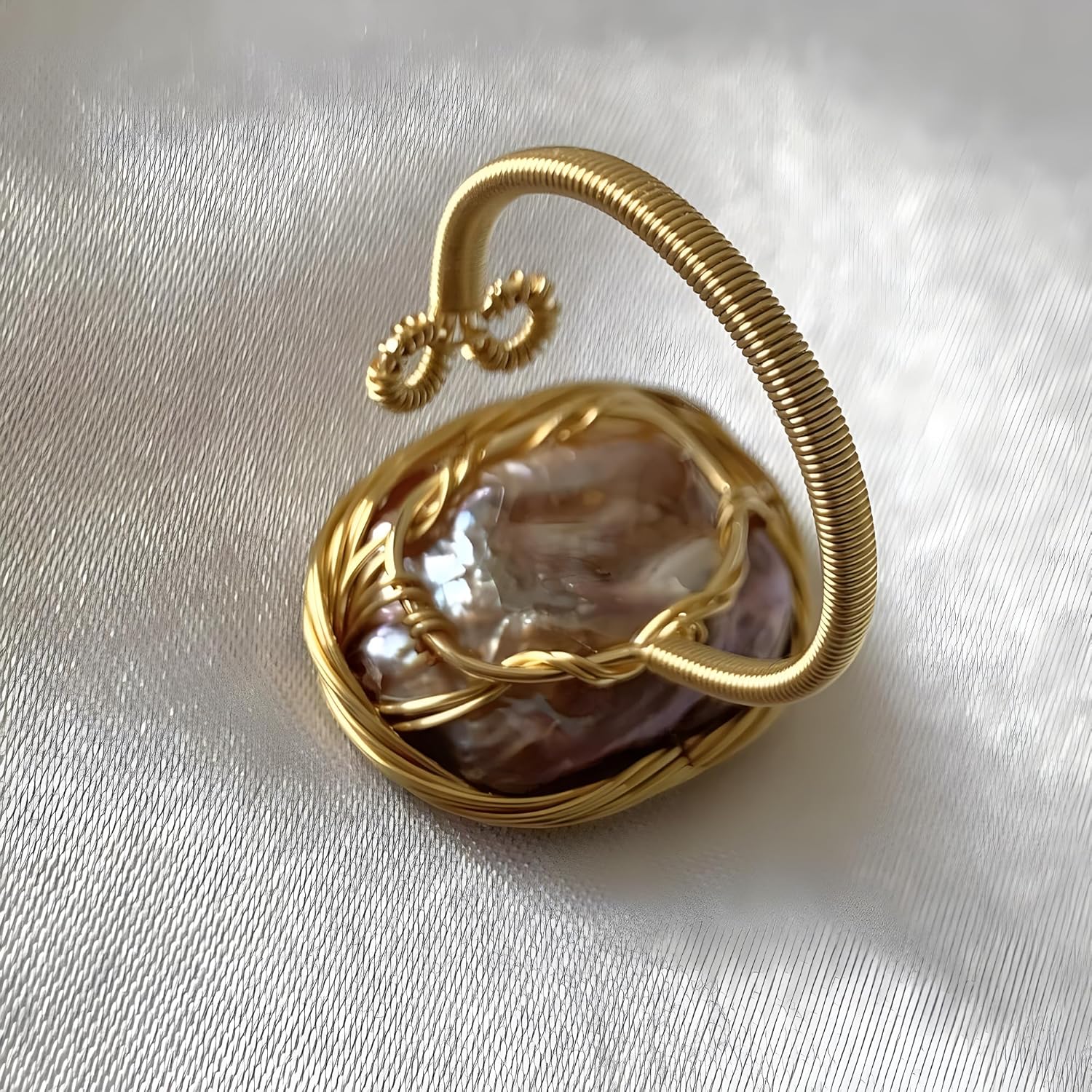 Handcrafted Natural Baroque Pearl Ring Winding Design Opening Adjustable 14k Gold Plated Material,Purple - Image 3