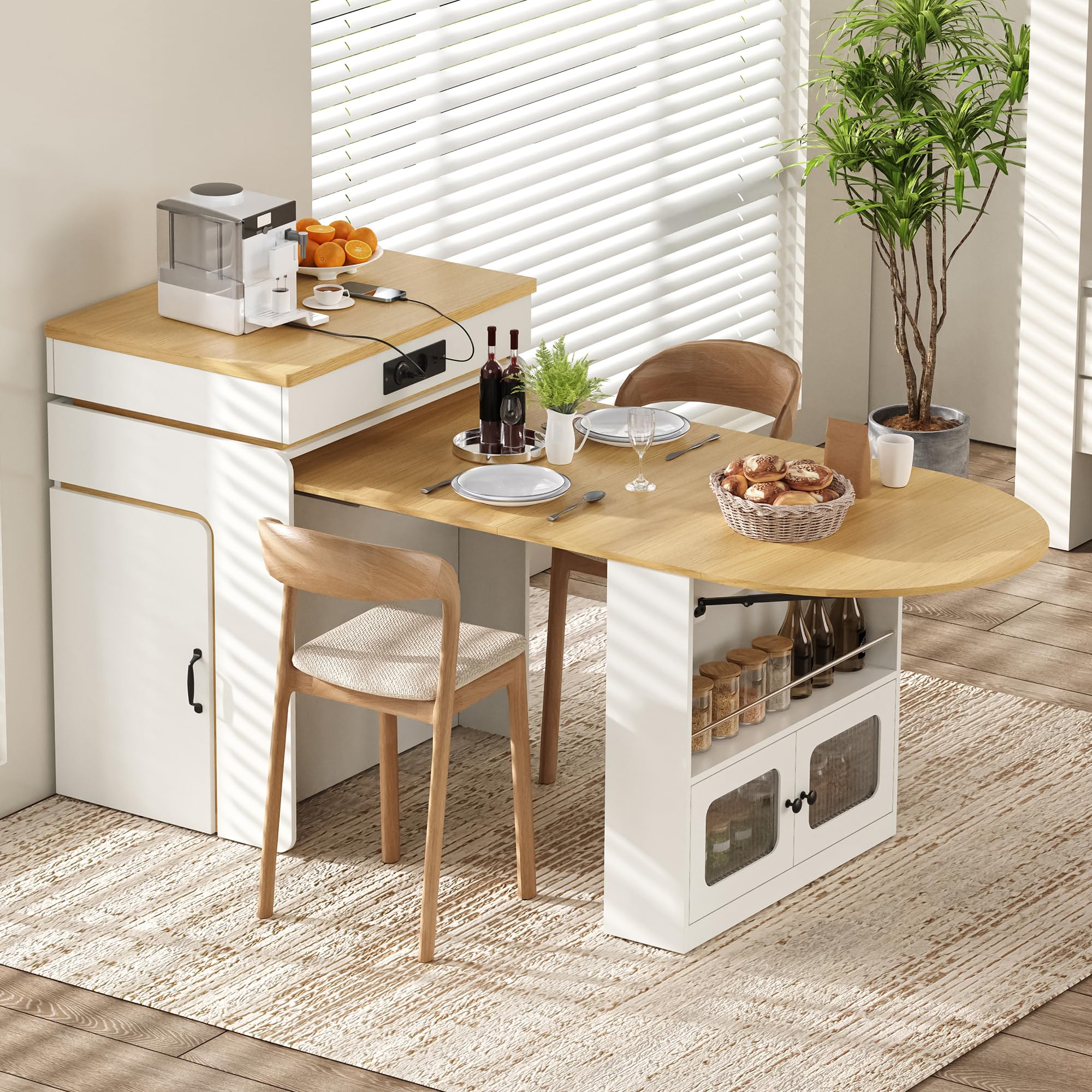 Isola da cucina con ruote, tavolo da pranzo estensibile con ciabatta elettrica e illuminazione LED, credenza con cassetti, funge da isola da cucina, credenza o tavolo da bar per cucina e sala