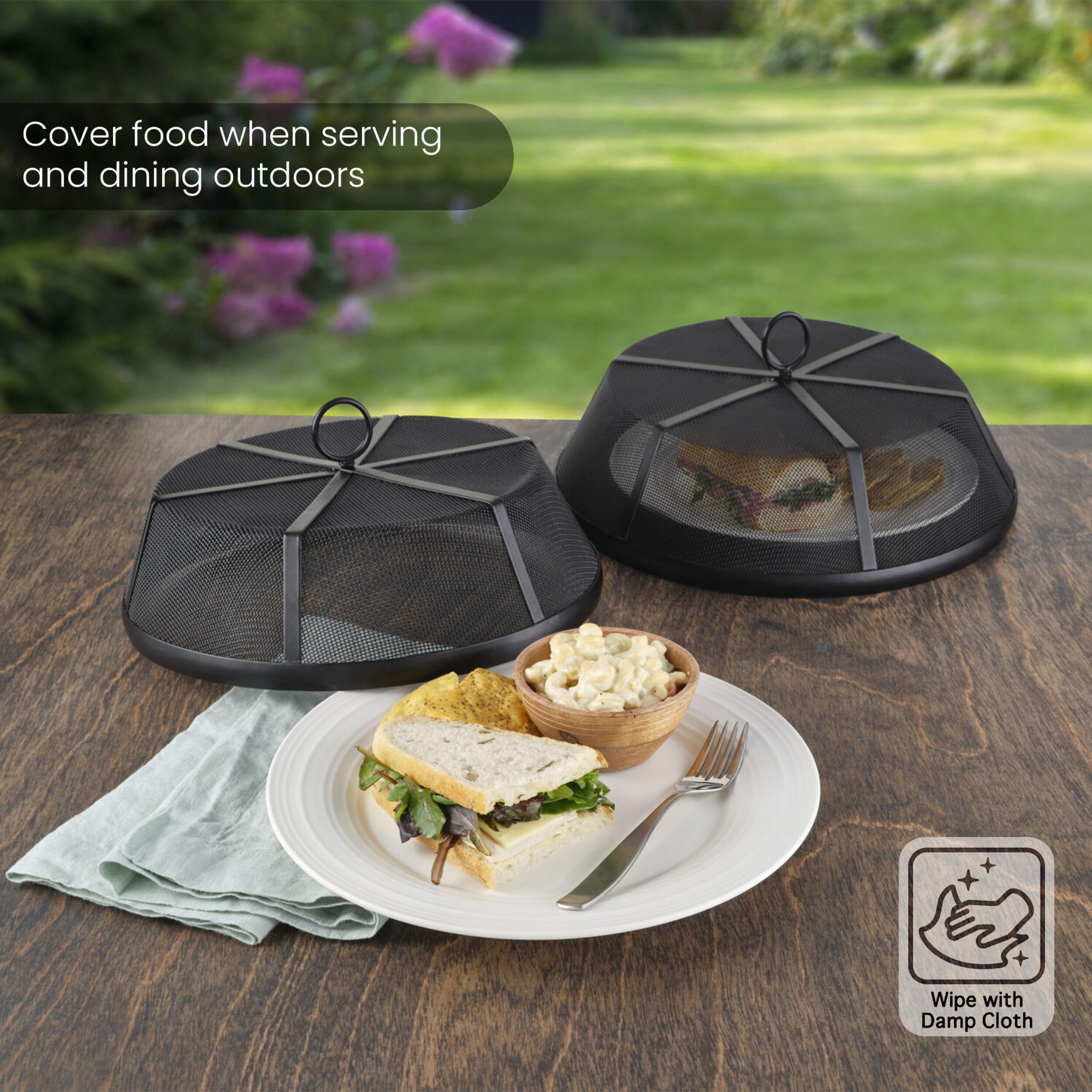 Gourmet Basics by Mikasa Juego de 2 cubiertas de malla metálica para cúpula de alimentos, 12.75 pulgadas, 14.5 pulgadas, color negro