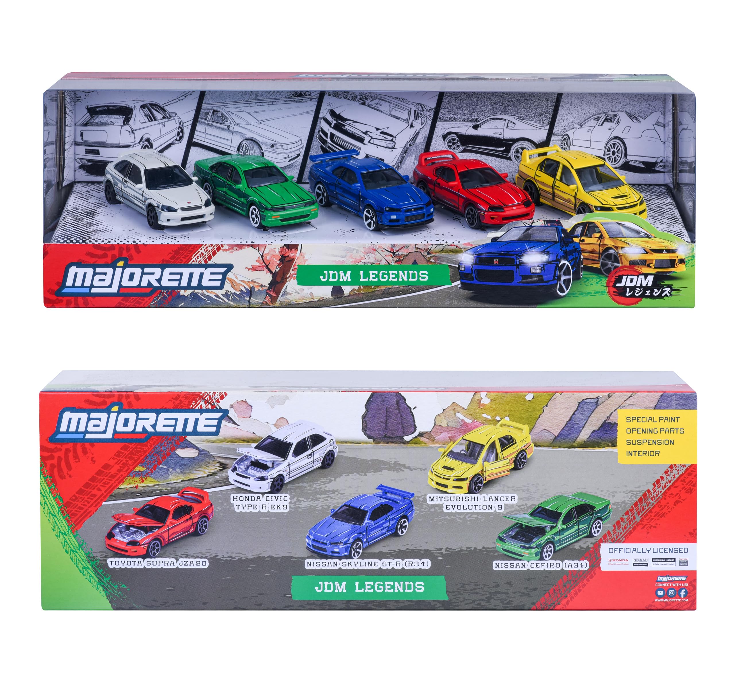 Majorette, JDM Leyends Giftpack 5 Auto, Set di 5 Auto, Honda, Nissan, Toyota, Mitsubishi), Metallo, Scala 1:64, 7,5 cm, Ruota Libera, Scatola Decorata, Licenze Ufficiali, 3 anni (8504105000)