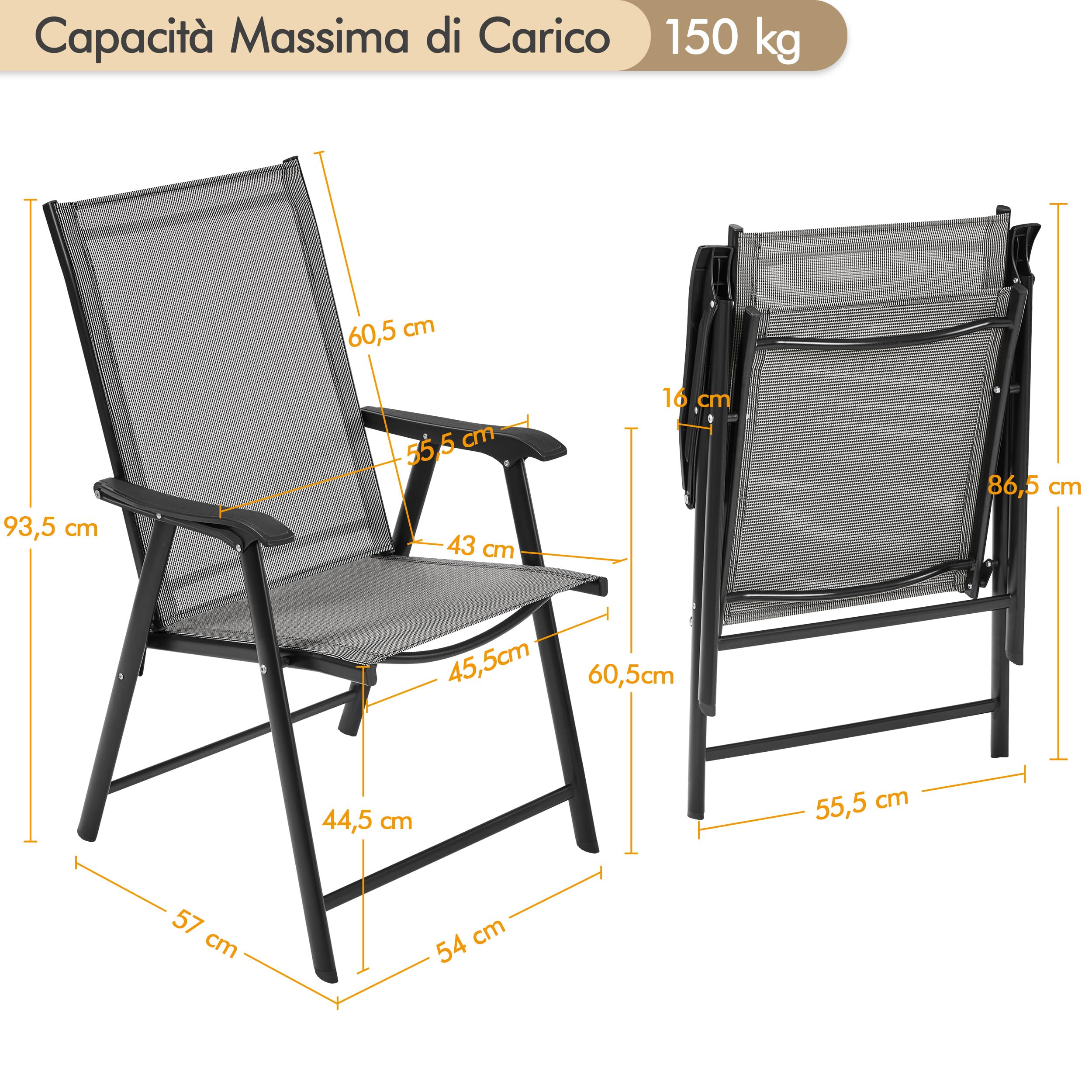 Yaheetech Set di 2 Sedie da Giardino Pieghevoli con Braccioli in Tela Grigio