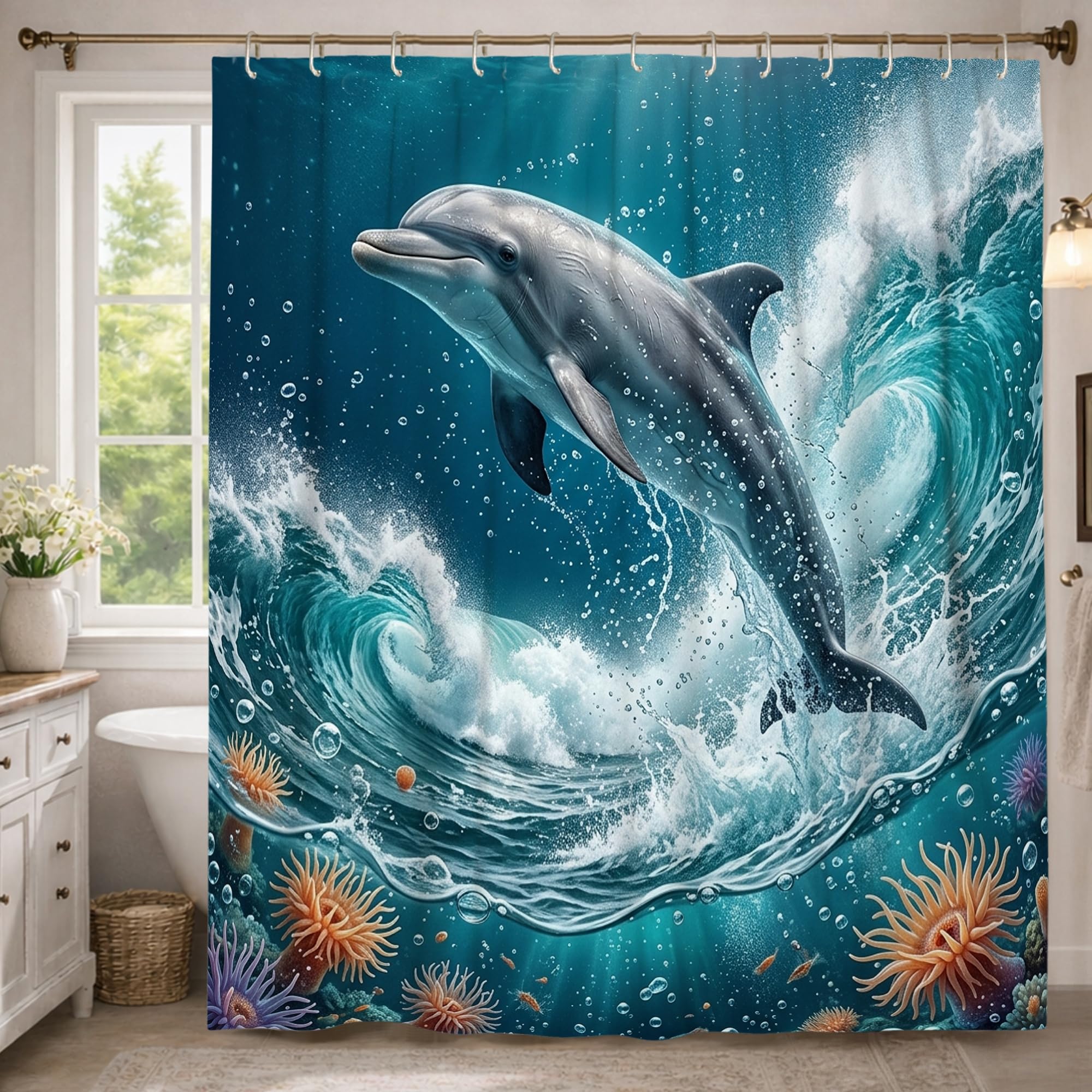 Rideau de douche extra long 183x243 cm motif dauphin bleu océan