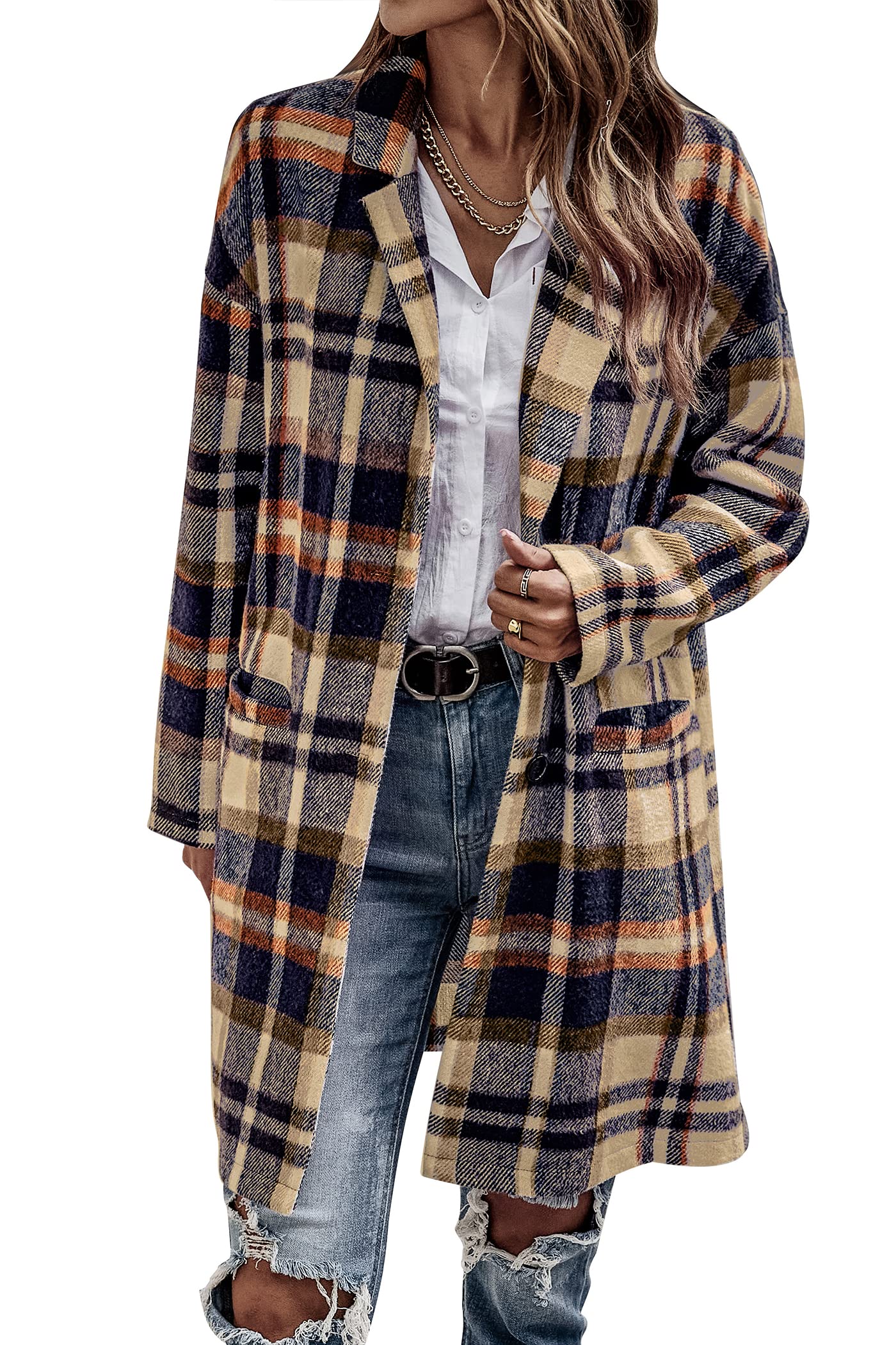 PRETTYGARDEN Women Plaid Shacket Jacket Trendy Fall Casual Button Wool Blend Tartan Trench Coat Winter Clothing with Pockets