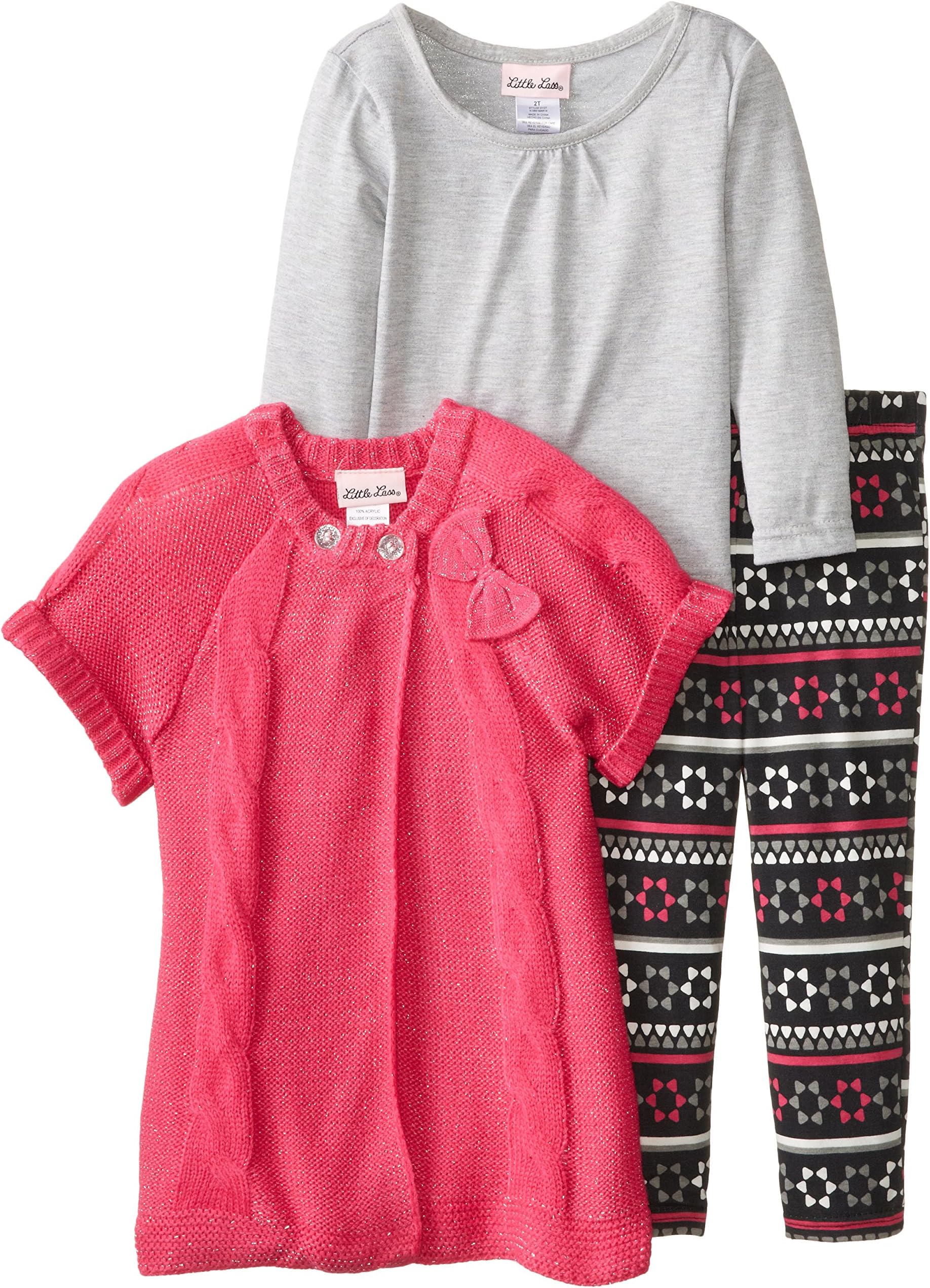 Little Lass Little Girls' 3 Piece Sweater Set Printed Legging
