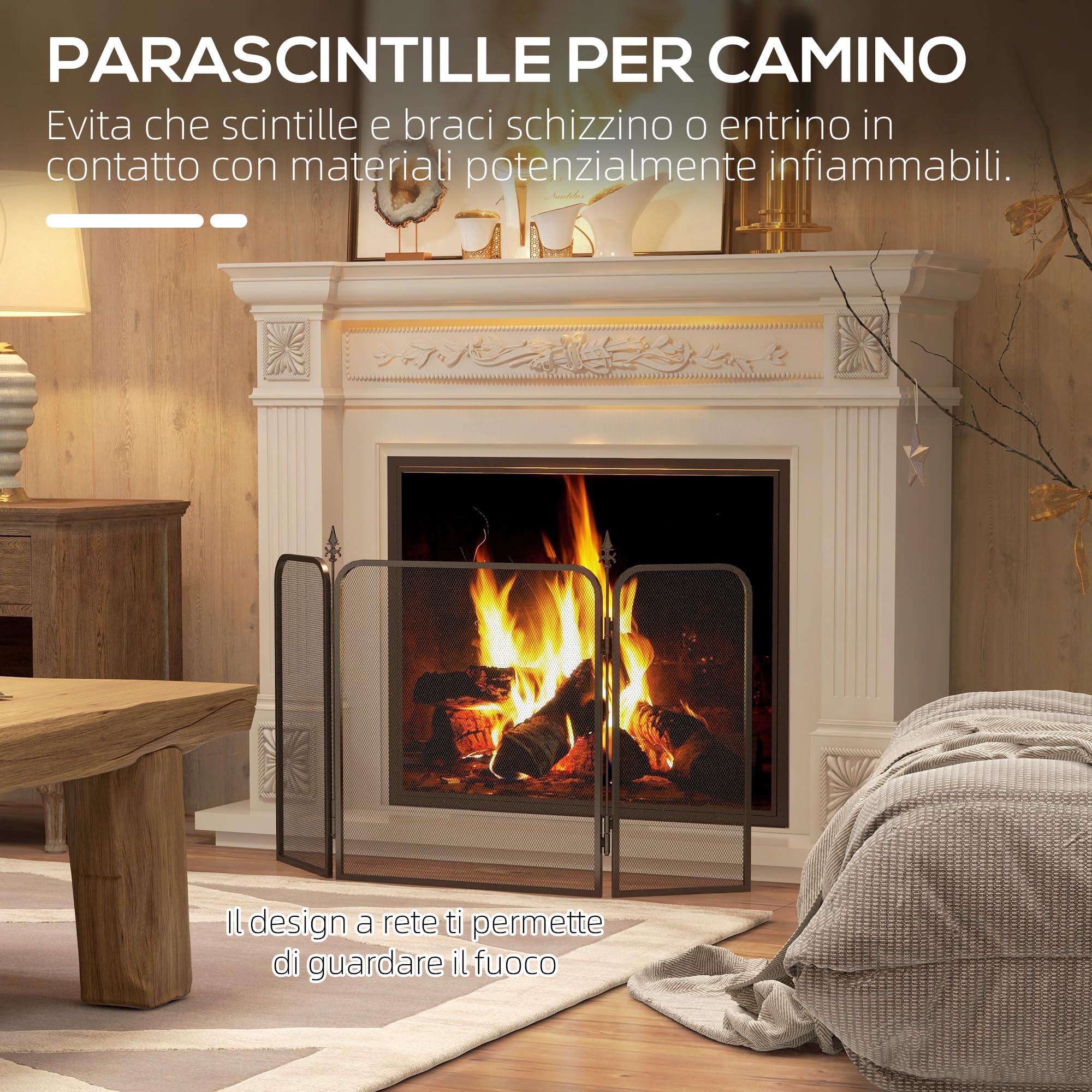 HOMCOM Parascintille Camino Pieghevole a 3 Pannelli, Parafuoco in Metallo, 96x1.3x56 cm, Nero