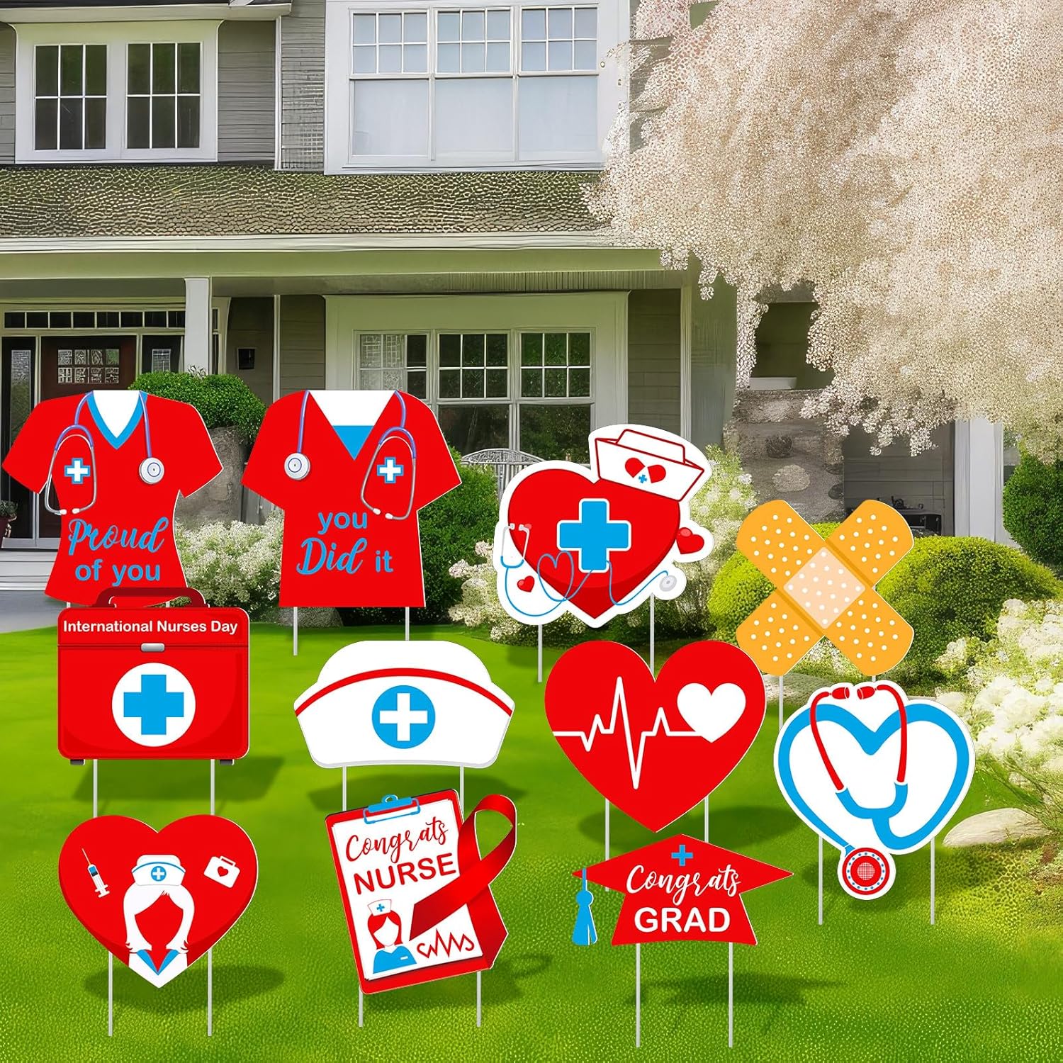 Xuhal 12 Pcs Nurse Graduation Yard Signs with 24 Pcs Stakes Nurse Appreciation Week Decorations Nurse Cap Lawn Signs Congrats Nursing Grad Lawn Decorations for Nursing Party