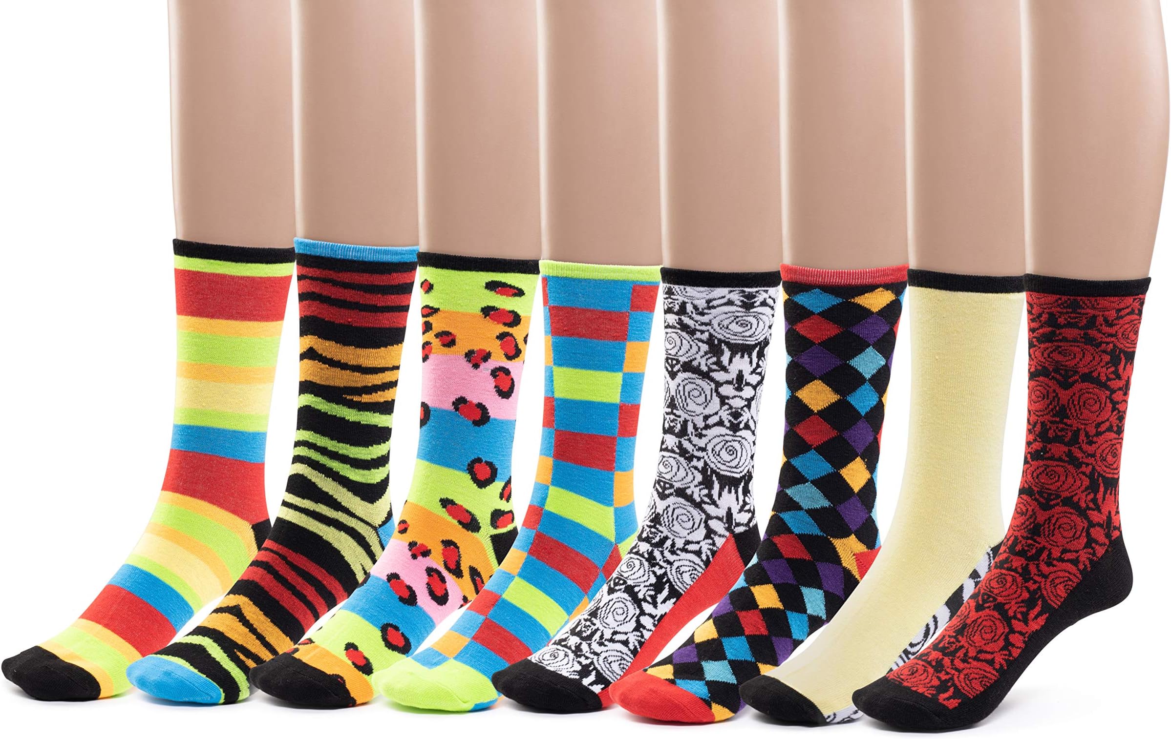 Women's Crew Patterned Fun Socks | 8 Pairs Funny Striped Novelty Sock