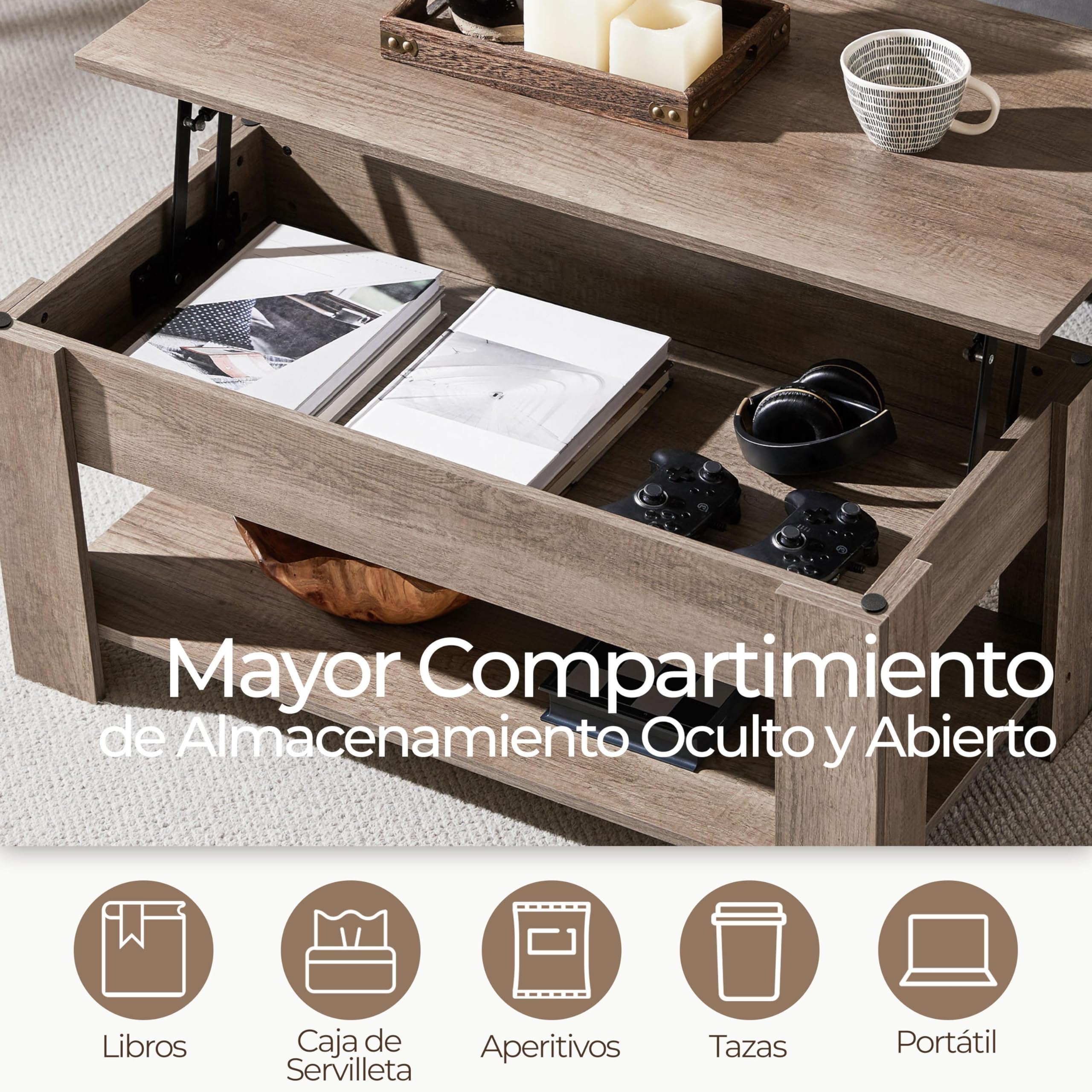 Yaheetech Tavolino da caffè sollevabile ed estensibile con portariviste 98 x 50 x (41,8 – 56) cm Tavolo da soggiorno o sala da pranzo, tavolino da caffè con ripiano nascosto grigio