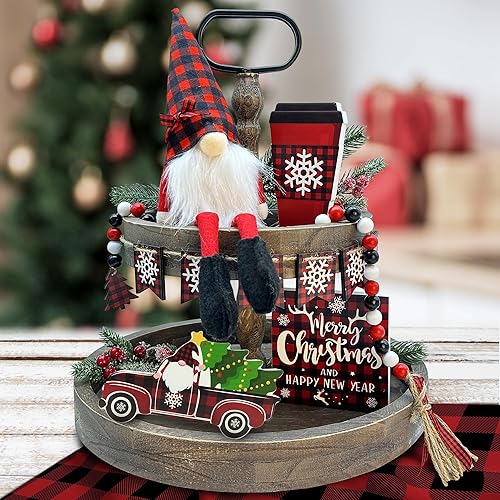 Decoraciones de bandeja escalonada de Navidad, letreros de madera de Navidad y gnomo de felpa de búfalo, 6 piezas para mesa interior del hogar, mesa