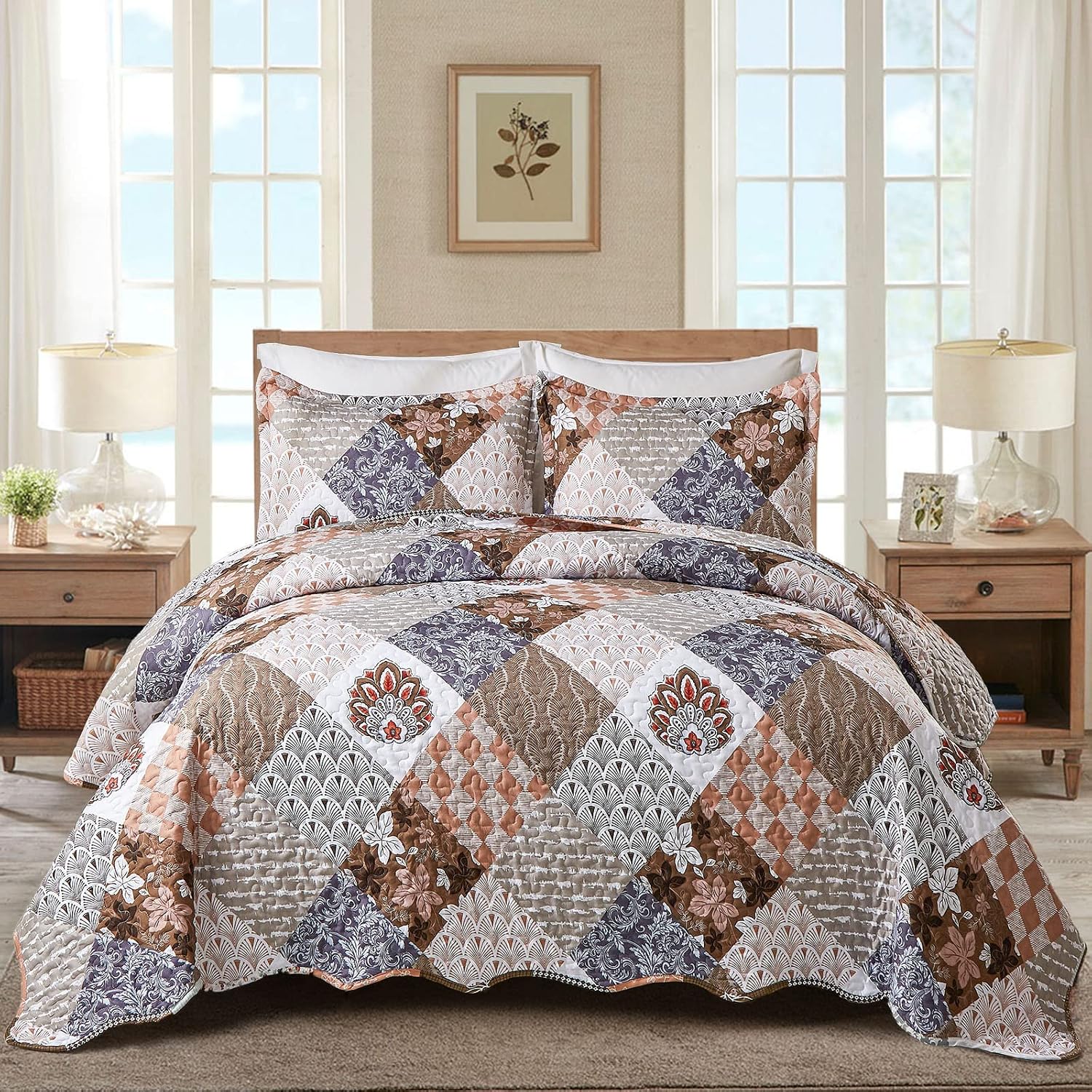 Amazon.com: Luxudecor Brown Boho Quilt Set Queen Size 3 Pieces Floral ...