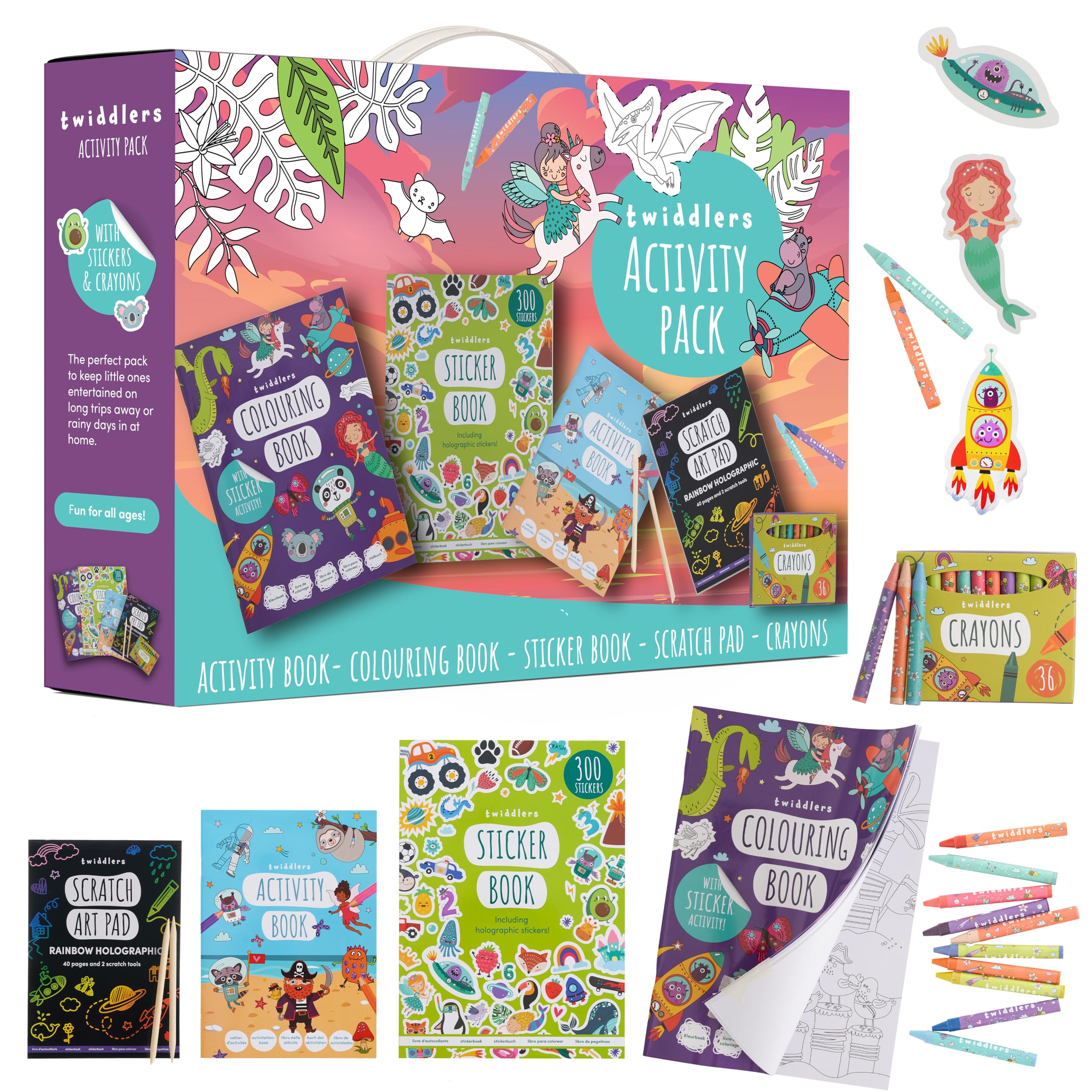 THE TWIDDLERSKids Activity Pack Colouring Book Collection with Art Scratch Pads, 36 Crayons, Stickers, Kids Travel Activity Pack for Children Unisex, Art Birthday Gift for Girls & Boys, Ages 4-9