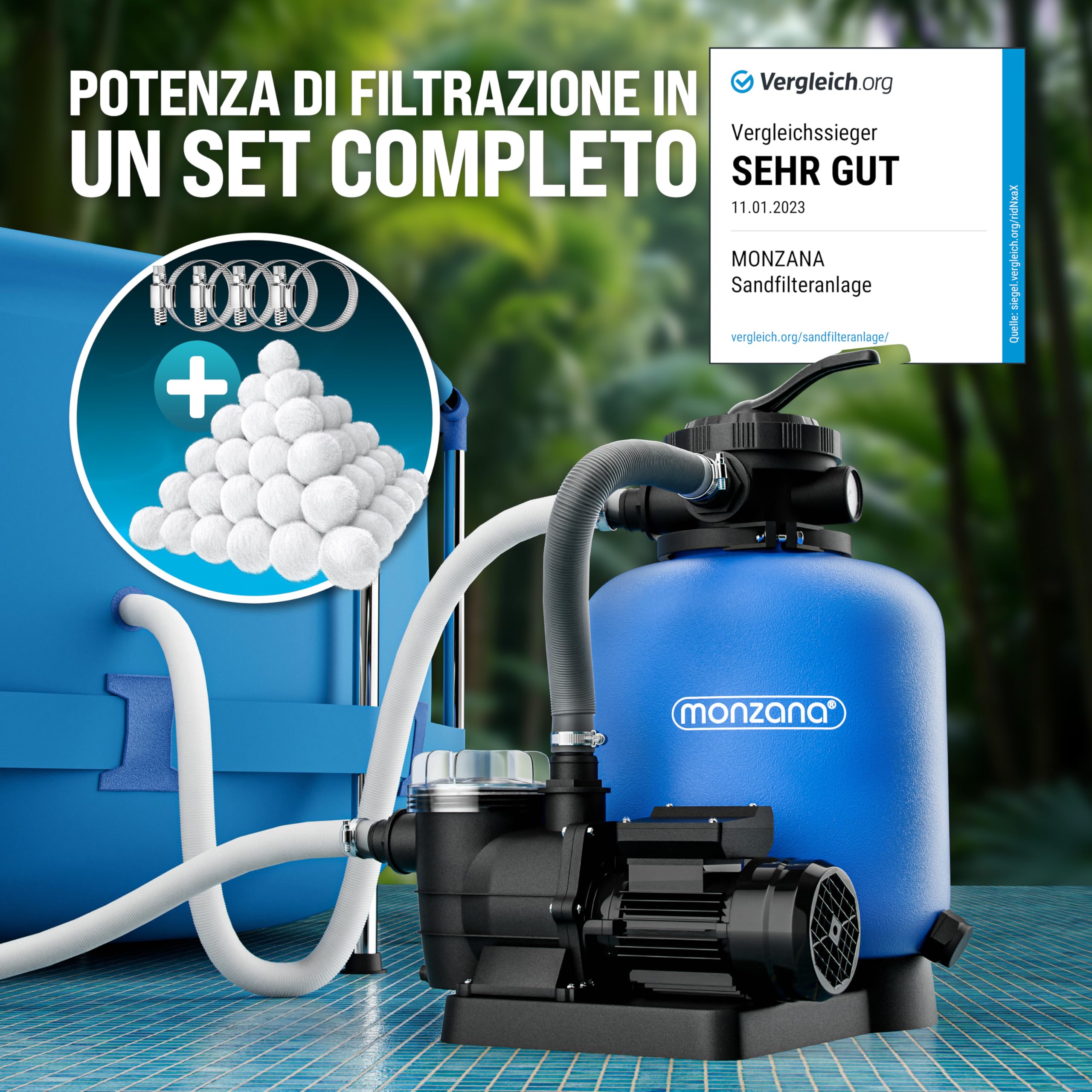 MONZANA® Filtro per Piscina a 7 Vie 11.000 L/h Serbatoio 30L Valvola 7 Vie Sfere Filtranti da 700g