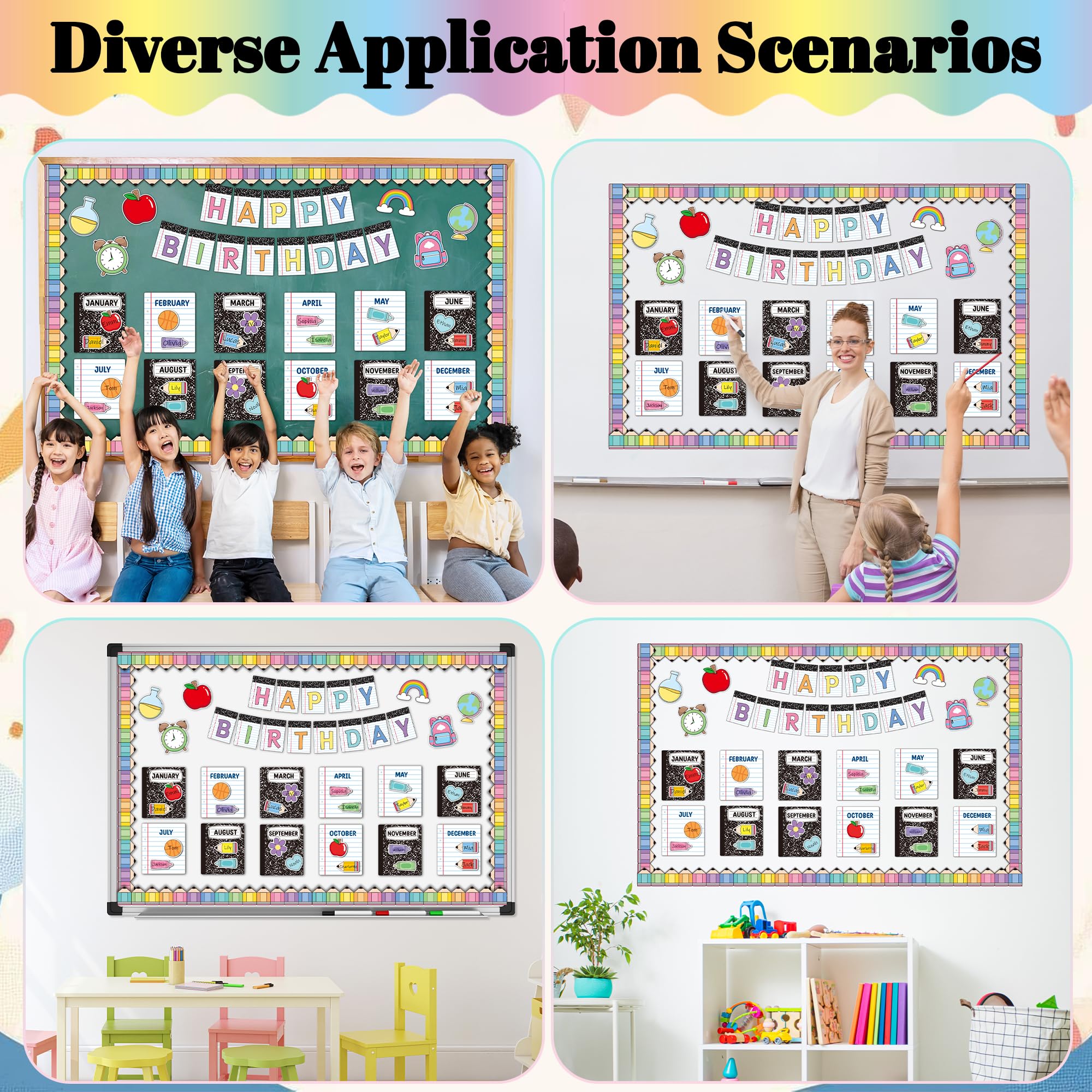 TICIAGA Carnet de composition pour tableau d'affichage d'anniversaire – 76 pièces avec découpes pour fournitures pour enseignants de salle de classe, crayon coloré pour la rentrée scolaire, étiquette