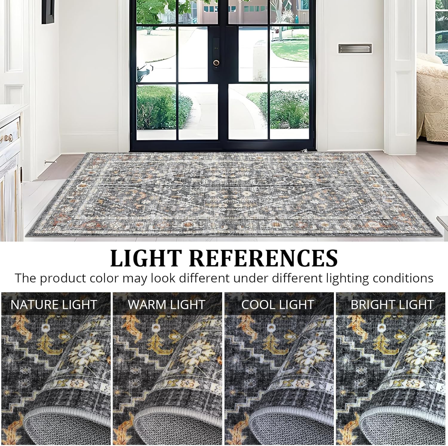 Garvee Vintage Area Rug 5x7 Washable Foldable Distressed Accent Carpet Non Skid Oriental Print Low-Pile Indoor Floor Cover Non Shedding Thin Floor Mat for Bedroom Entryway, Grey