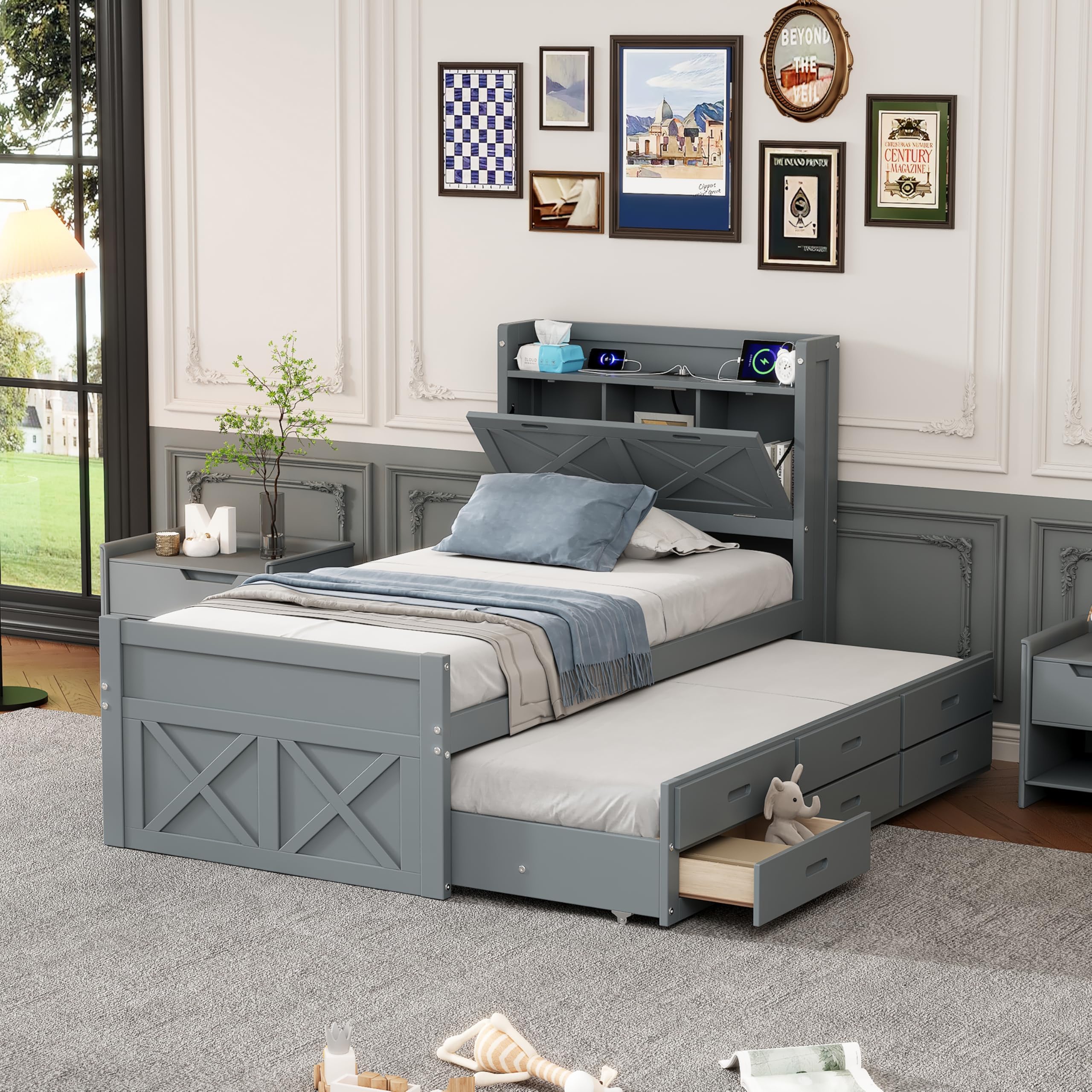 Twin Bed Frame with Storage Headboard & Charging Station, Wood Captain Bed with Trundle and Drawers, Farmhouse Platform Beds for Kids Boys Girls, Noise Free, No Box Spring Needed, Gray