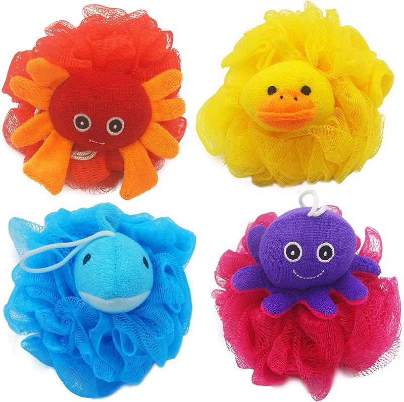 (Paquete de 4) Bola de ducha exfoliante para niños con diseño de animales encantadores, esponja de baño exfoliante suave para bebés y niños pequeños, puf de lufa en diseño colorido