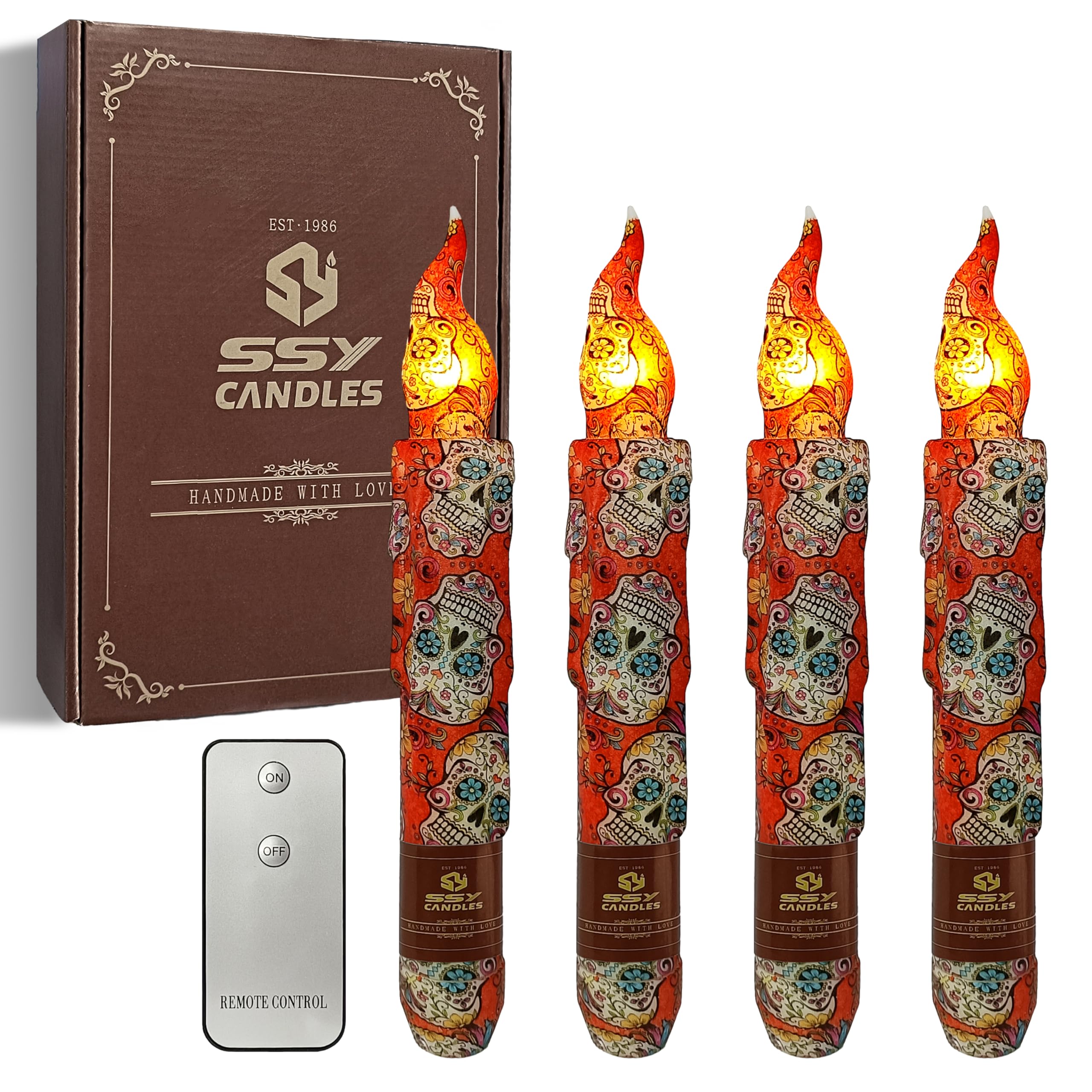 FCMSHAMD Day of The Dead Style Skull Flameless Short Taper Candles, Drip LED Battery Operated with Remote, Flickering Flame Lights for Home Décor, 6.7 Inch Primitive Flameless Print Candles, 4PCS — image 1
