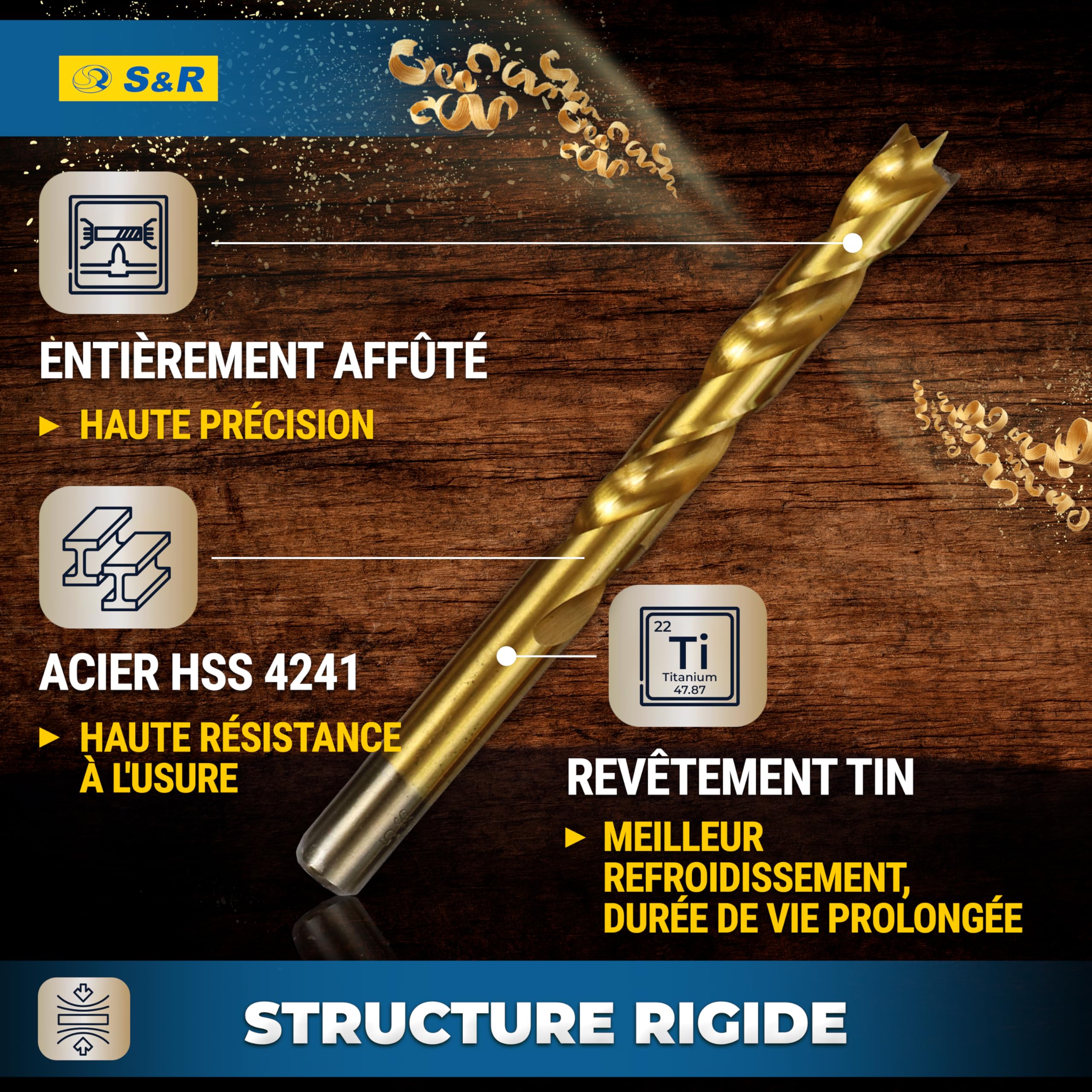 S&R Coffret Forets à Bois Professionnels 25 pcs 1-13mm en acier HSS 4241 revêtu en Titane. Forets pour perceuse à main et à colonne
