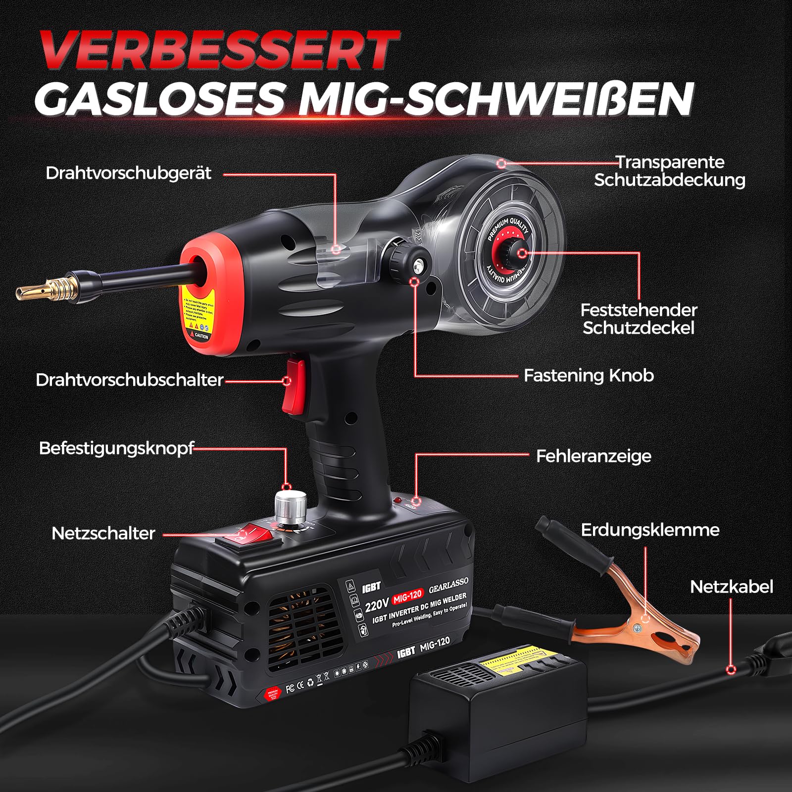 Handgehaltenes MIG-Schweißgerät, 220 V, 20–120 A, tragbares Flux Core-Schweißgerät, tragbares Flux-MIG-Schweißgerät, gasloses MIG-Schweißgerät