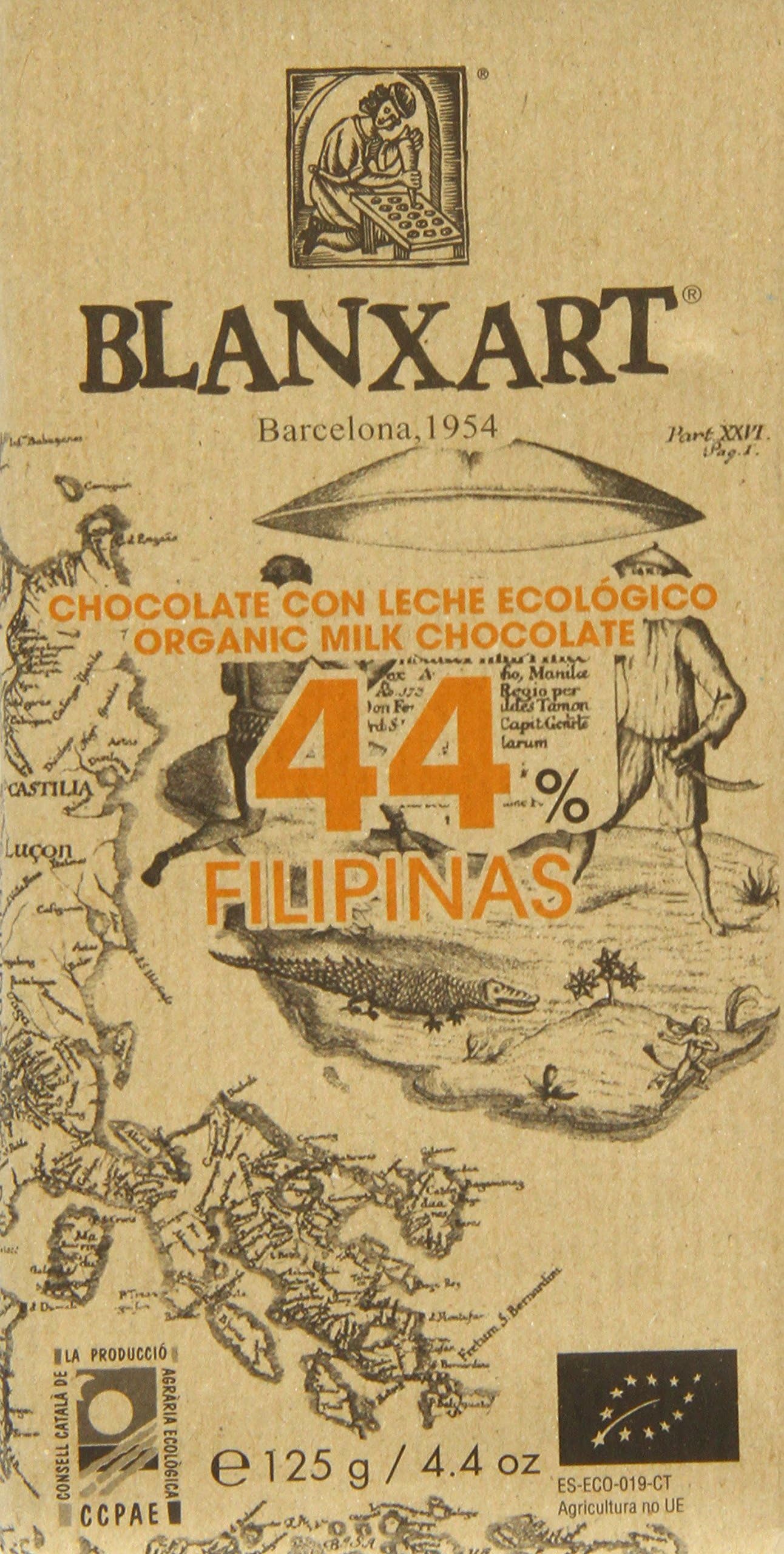 Blanxart Organic Fillipinas 44 Percent Milk Chocolate Bar 125 g (Pack of 8)