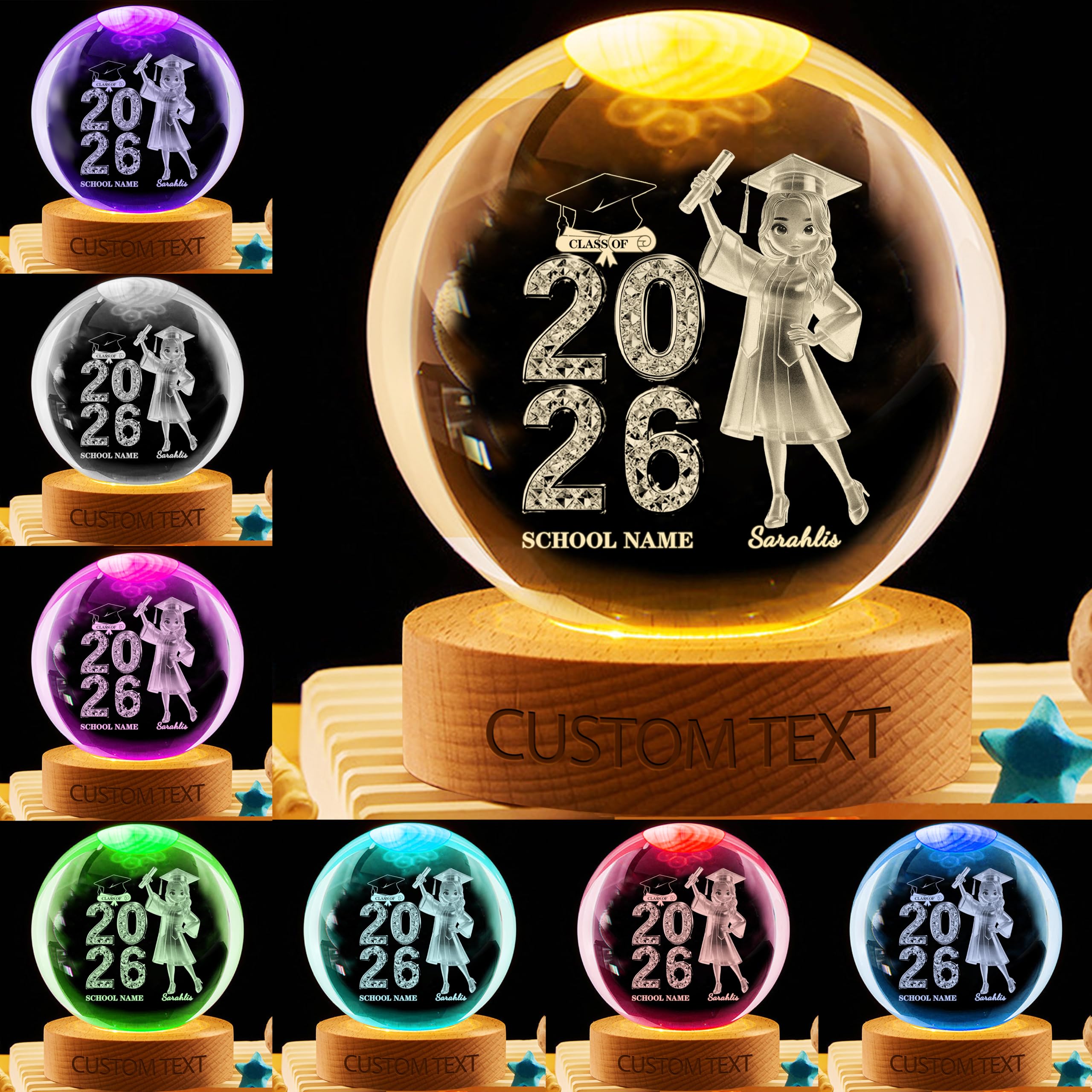 Personalized Graduation Crystal Ball Lights, Custom Name Senior Graduation Illusion Led Lamp, Graduations Decor Keepsake, Graduations Gifts for Daughter Women Family Friends Graduates Her (Style 05)